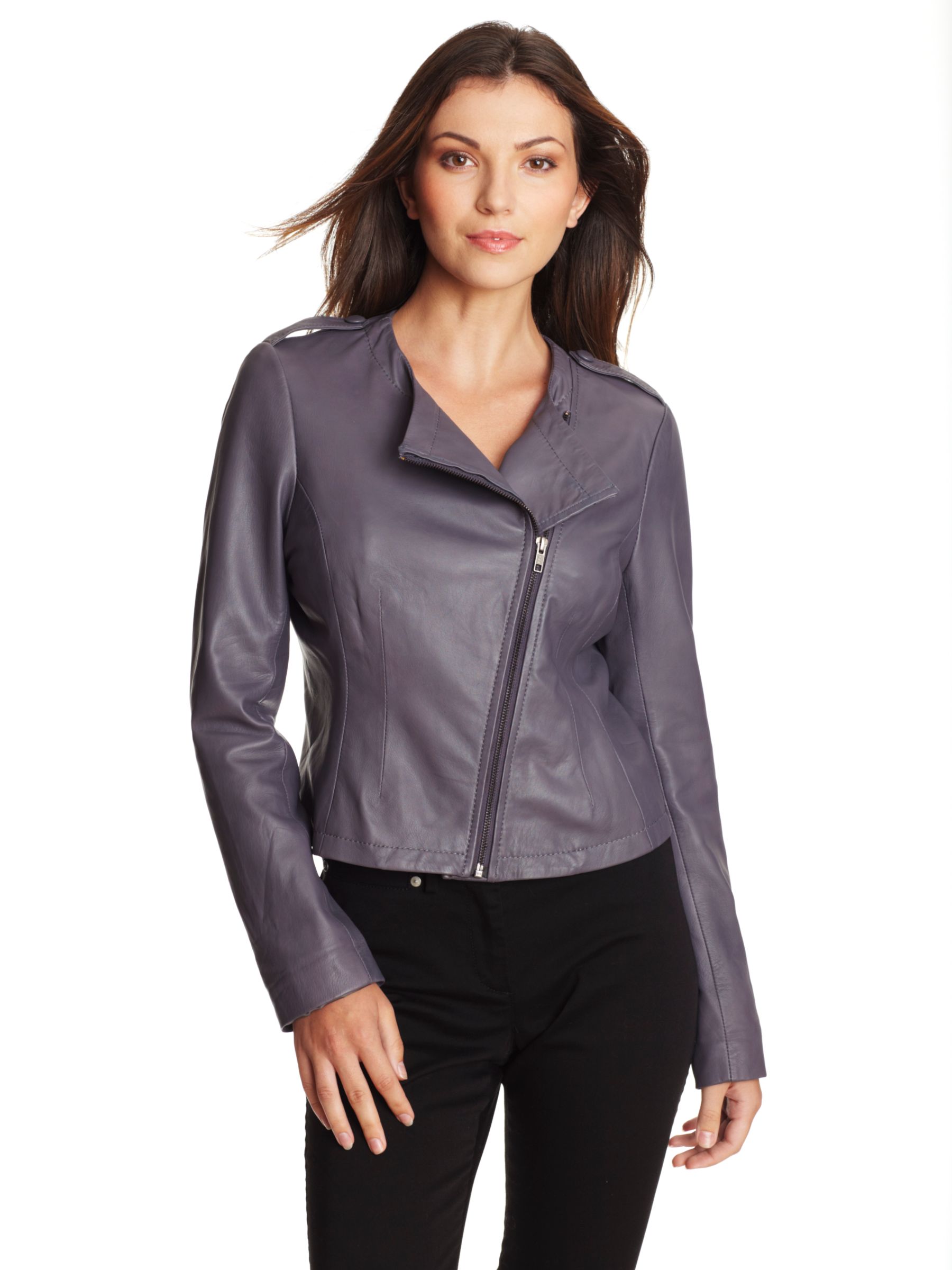 BZR Asymmetric Zip Leather Jacket, Grey at JohnLewis