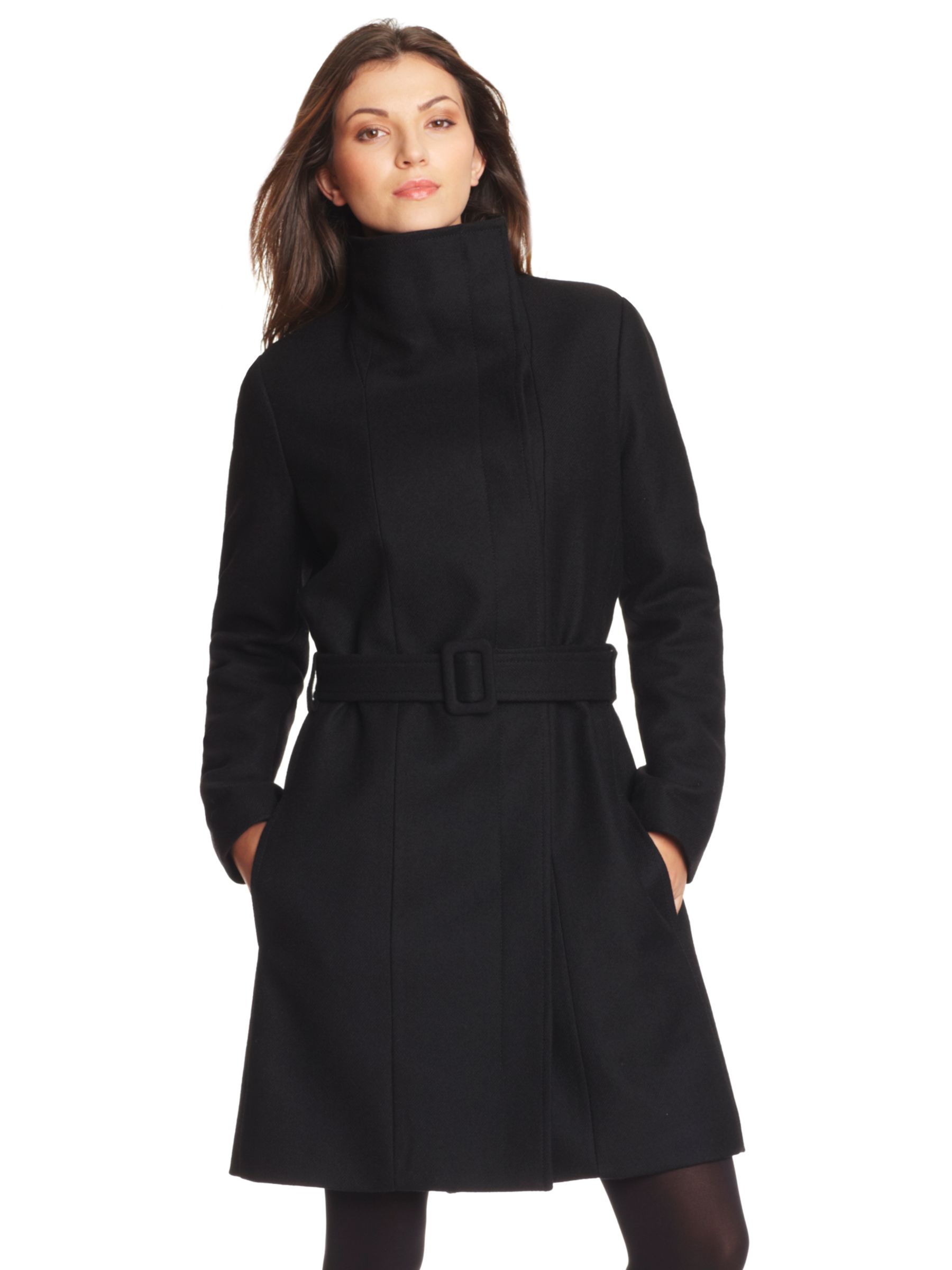 BZR Funnel Neck Belted Coat, Black at John Lewis