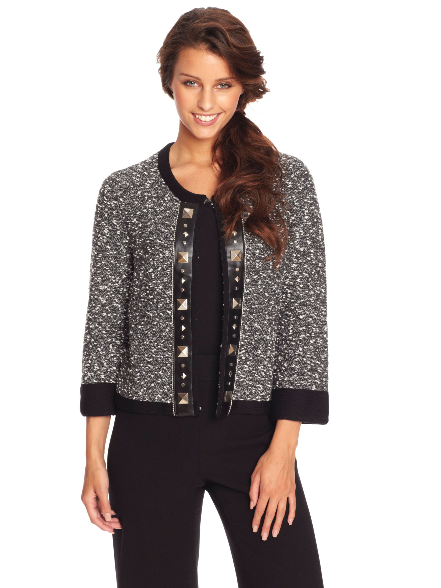 Betty Barclay Stud And Leather Boucle Knit Cardigan, Black/cream at John Lewis