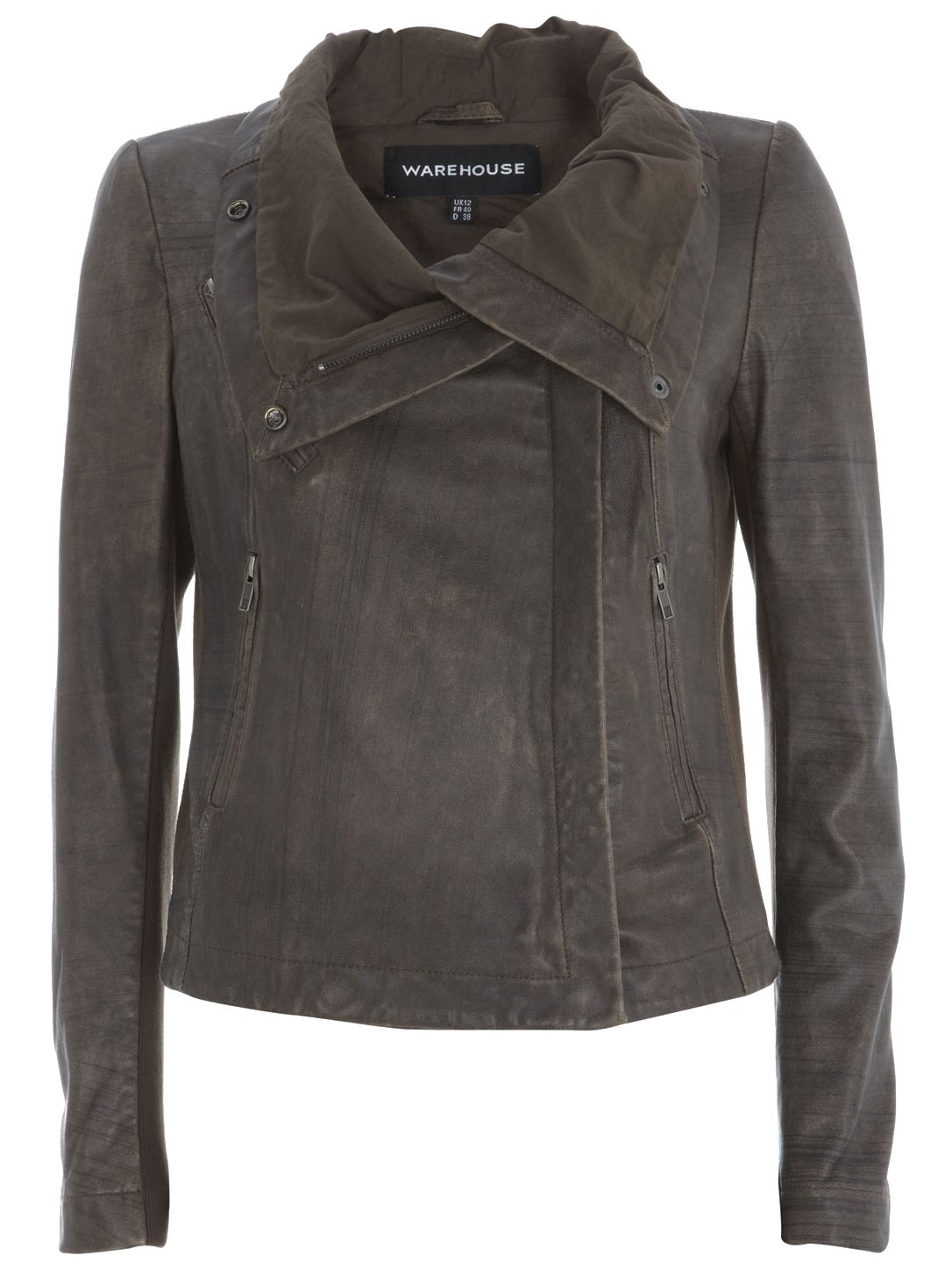 Warehouse Asymmetric Leather Funnel Neck Jacket, Mink at John Lewis