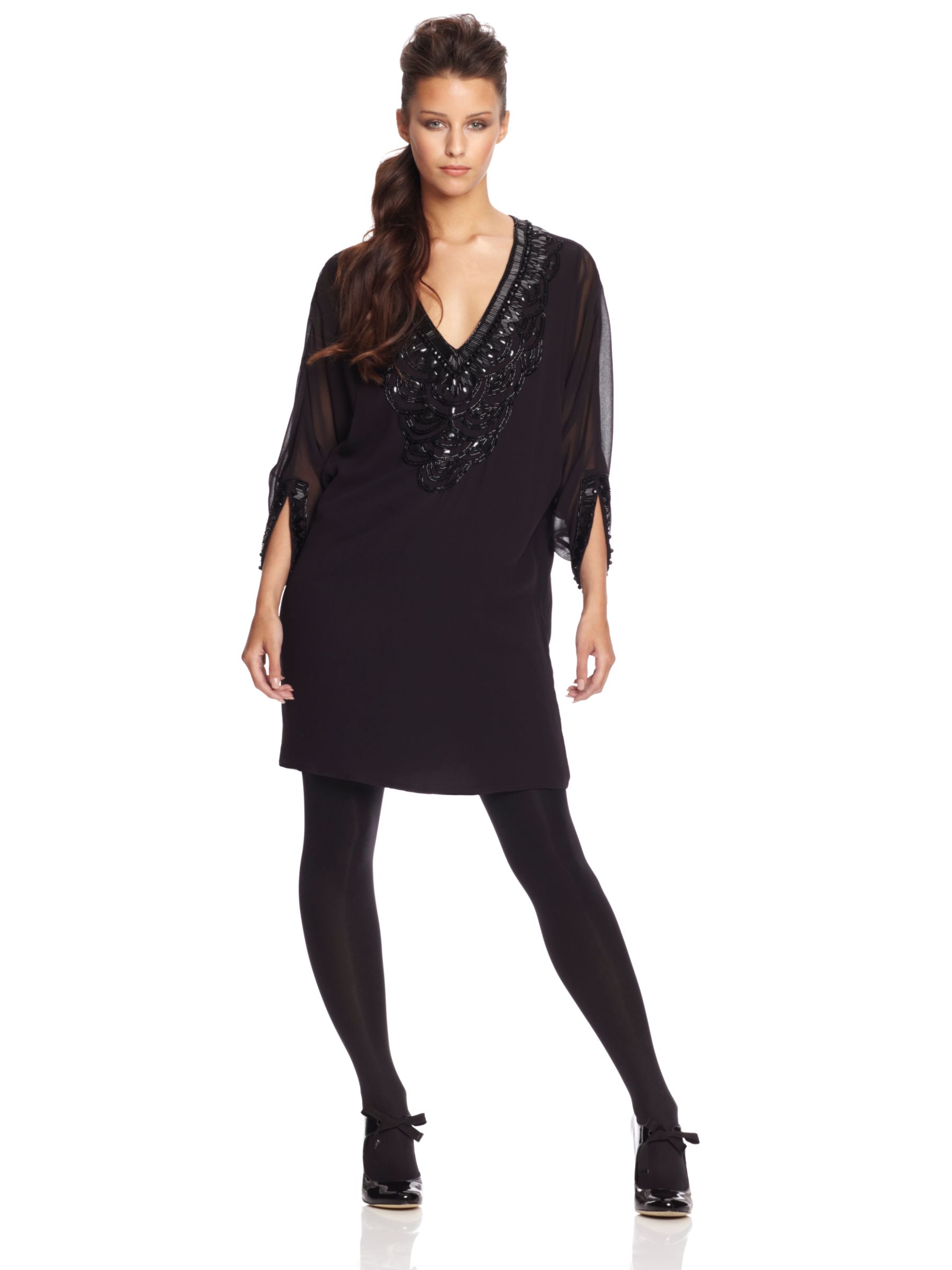 French Connection Rebecca Beaded V-Neck Dress, Black at John Lewis