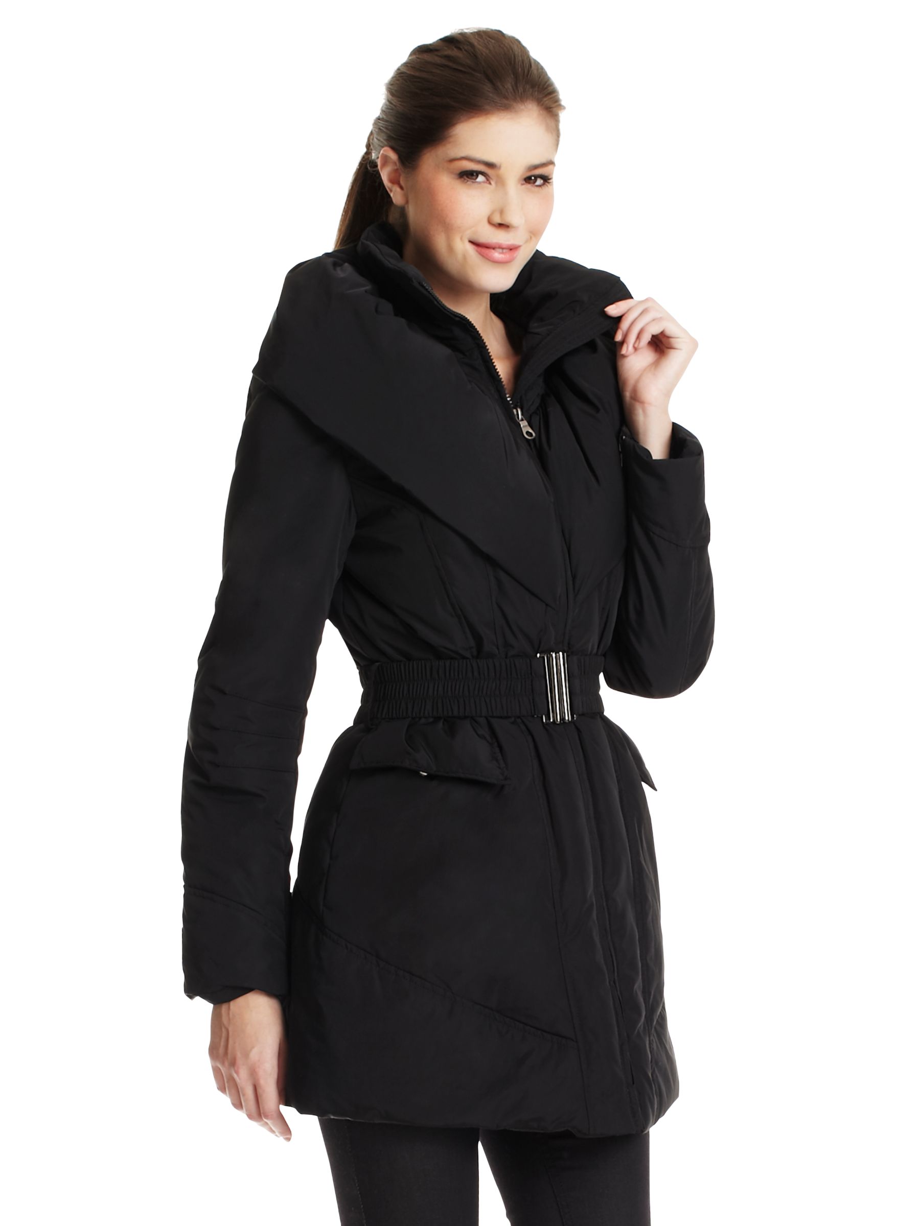 Paul Costelloe Puff Collar Belt Coat, Black at John Lewis