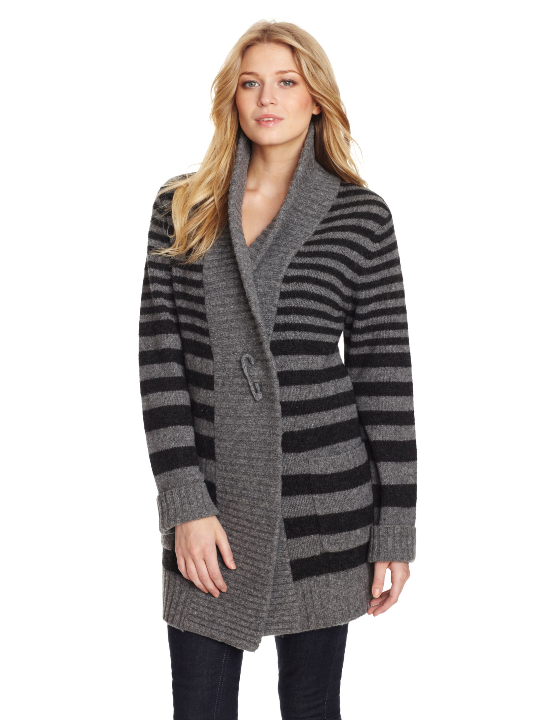 Paul Costelloe Stripe Knit Longline Wrap Cardigan, Dark grey