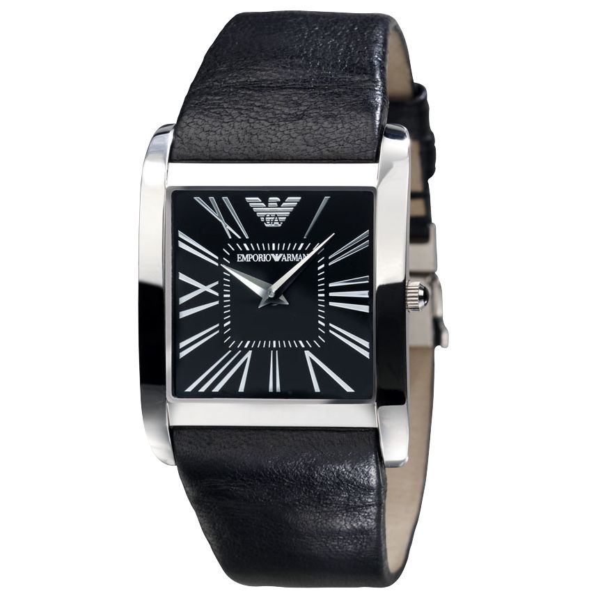 Emporio Armani AR2006 Men's Square Black Dial Black Leather Strap Watch at John Lewis