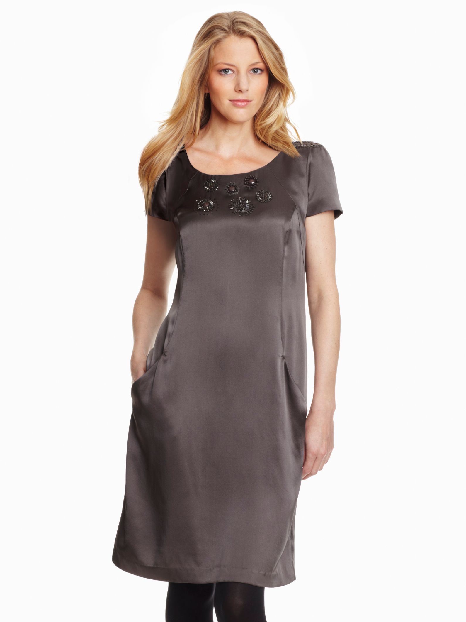 Gérard Darel Embellished Short Sleeve Silk Dress, Dark grey at John Lewis