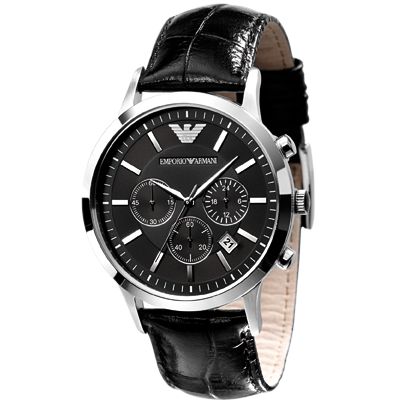 Emporio Armani AR2447 Round Dial Black Leather Strap Watch at John Lewis