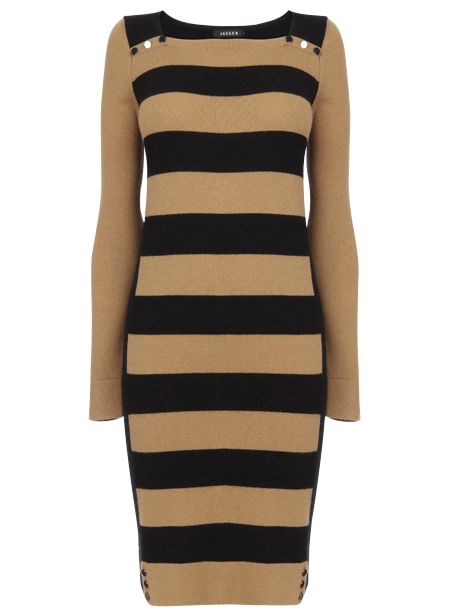 Jaeger Stripe Print Button Detail Sweater Dress, Camel at John Lewis