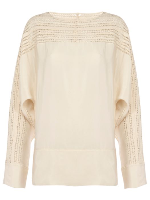 Jaeger Fagotted &frac34; Sleeve Silk Blouse, Ivory, 8 at JohnLewis