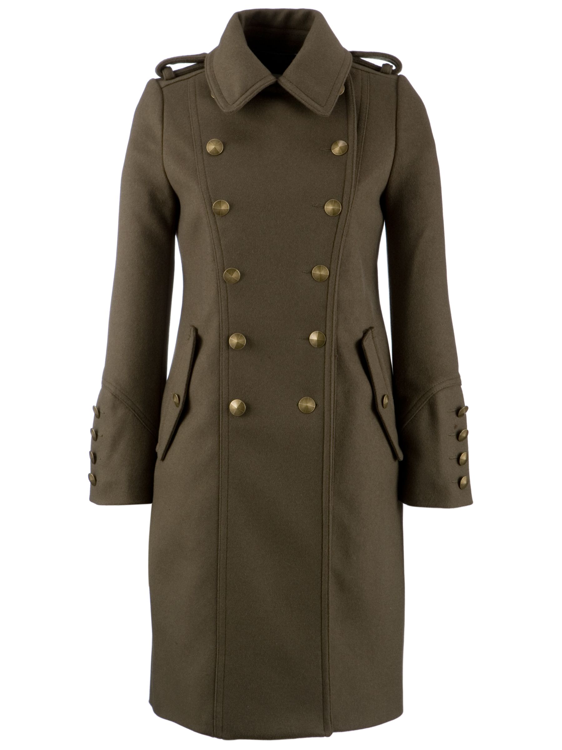 Whistles Long Military Great Coat, Khaki at JohnLewis