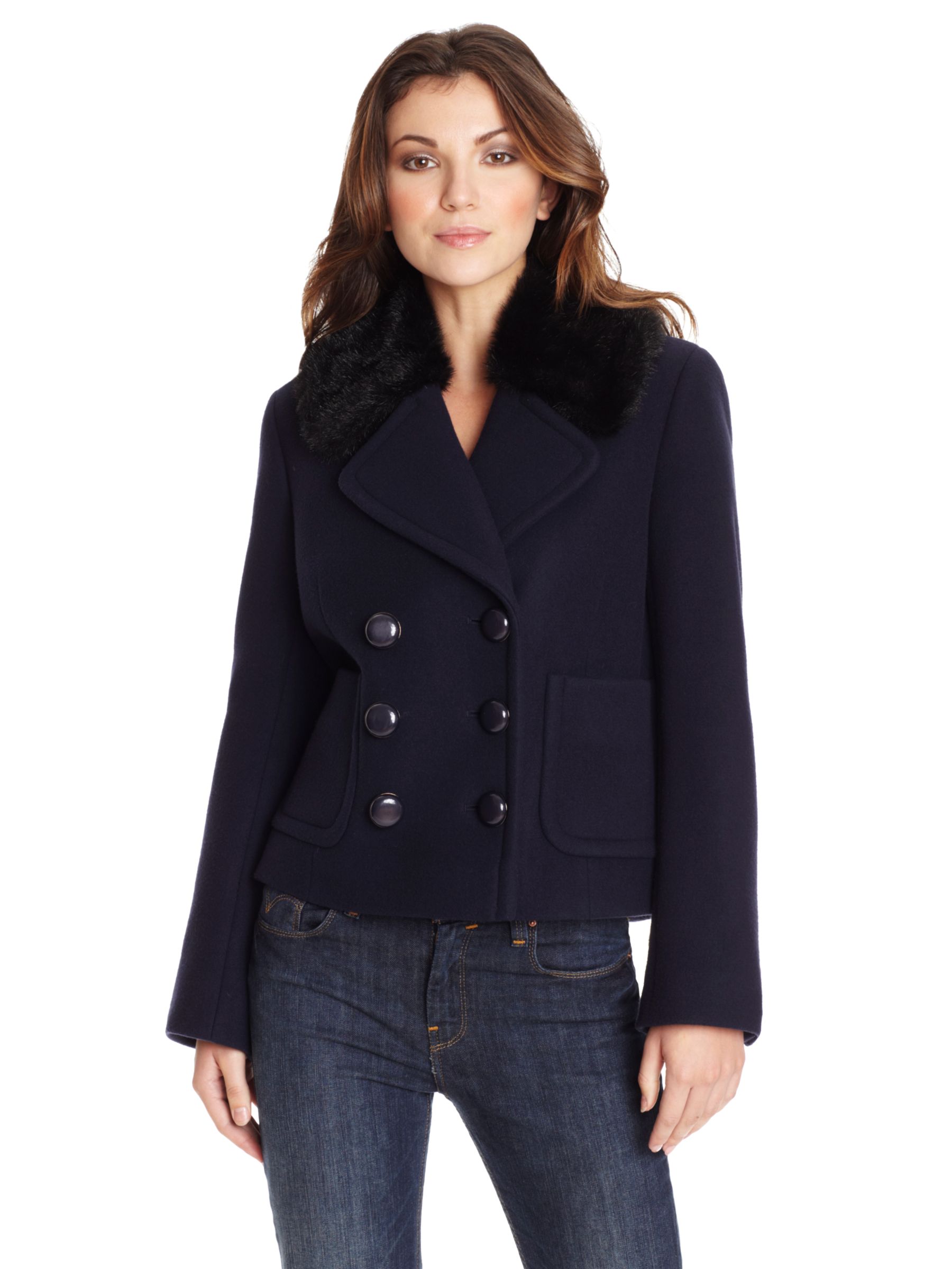 French Connection Double Breasted Fur Collar Jacket, Navy at John Lewis