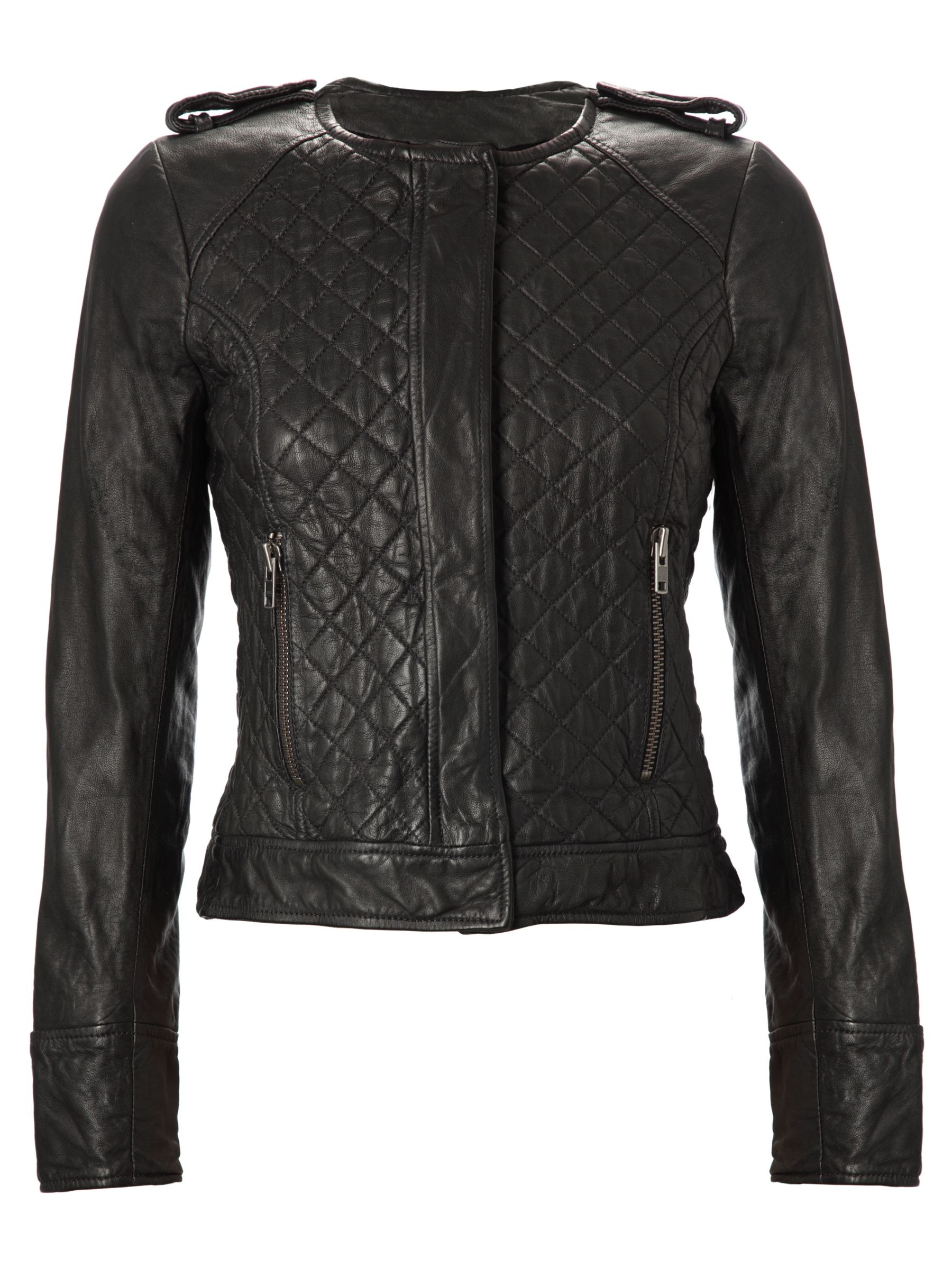 French Connection Collarless Quilted Front Leather Jacket, Black at John Lewis