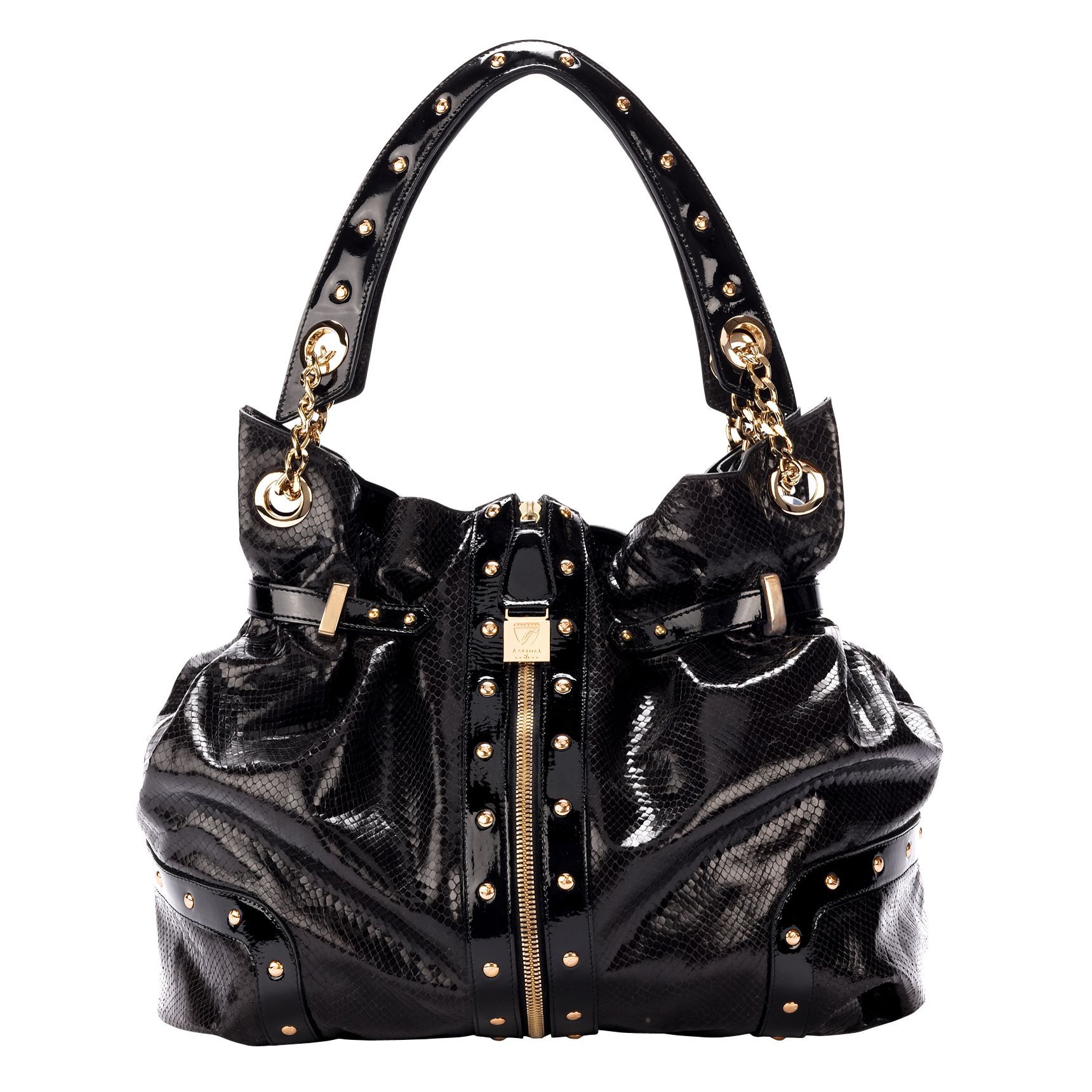 Aspinal Faux Snakeskin Slouch Hobo Biker Handbag, Black at John Lewis