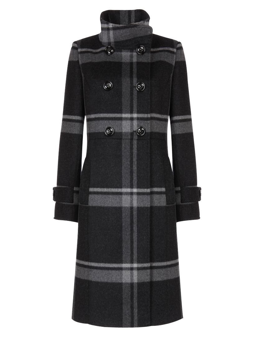 Jaeger Funnel Check Cashmere Blend Coat, Black at John Lewis