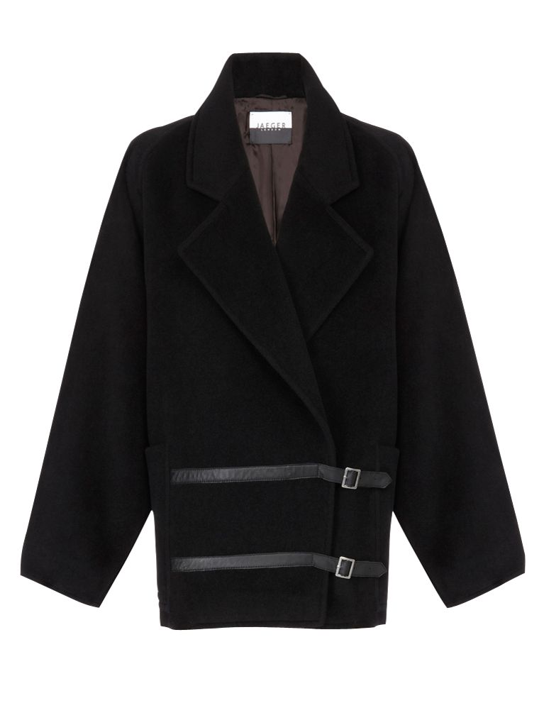 Jaeger Leather Buckle Coat, Black at John Lewis