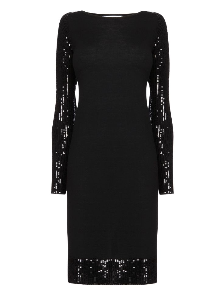 Jaeger Sequin Trim Knitted Dress, Black at John Lewis
