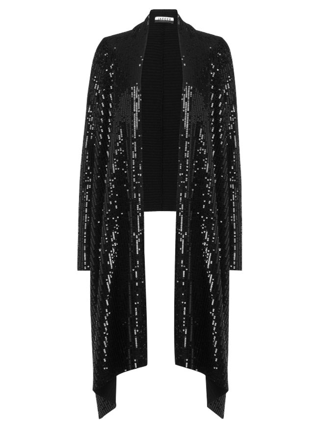 Jaeger Sequin Wrap Waterfall Cardigan, Black at John Lewis