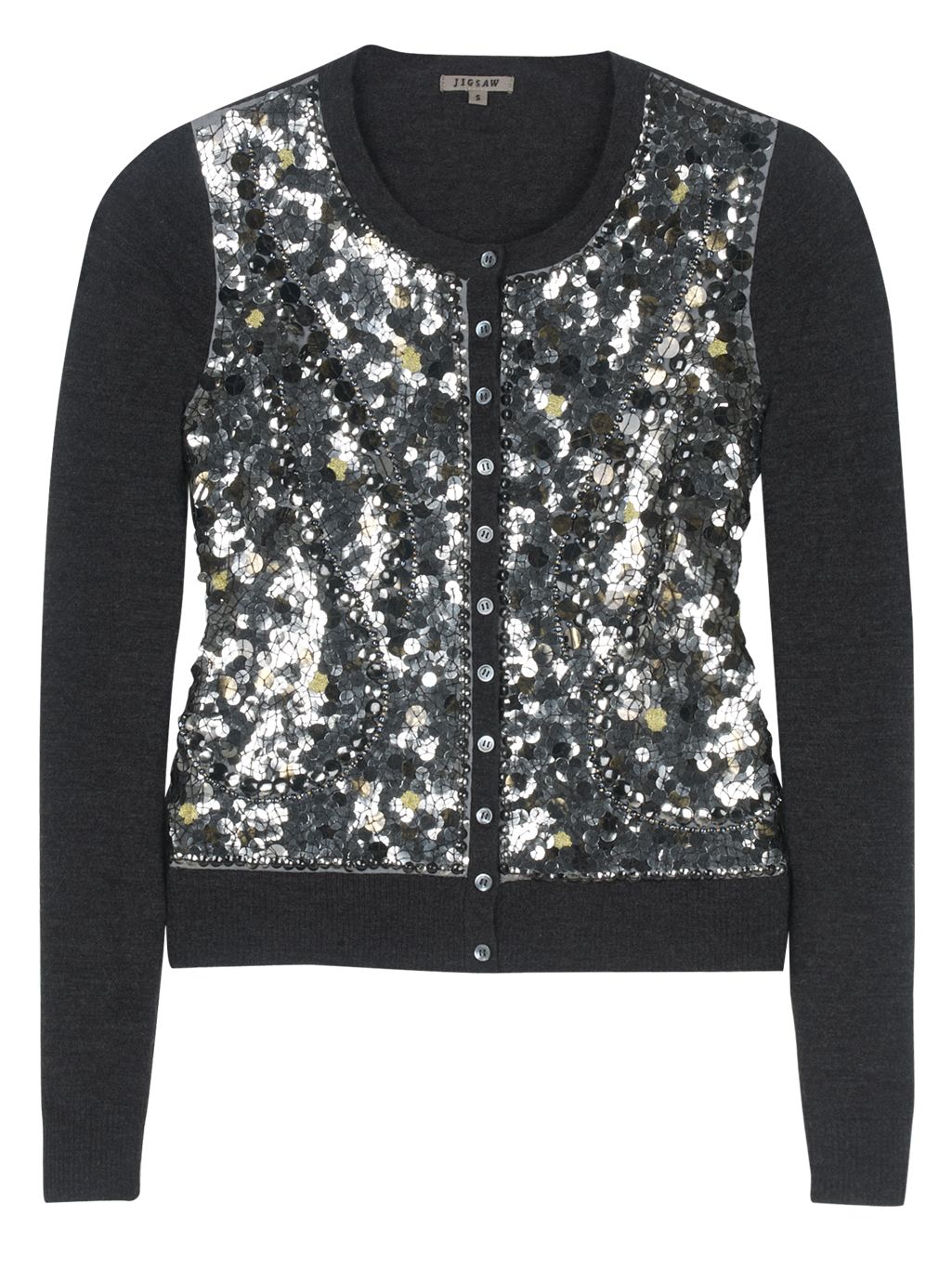 Jigsaw Fine Merino Sequin Embellished Cardigan, Charcoal at JohnLewis