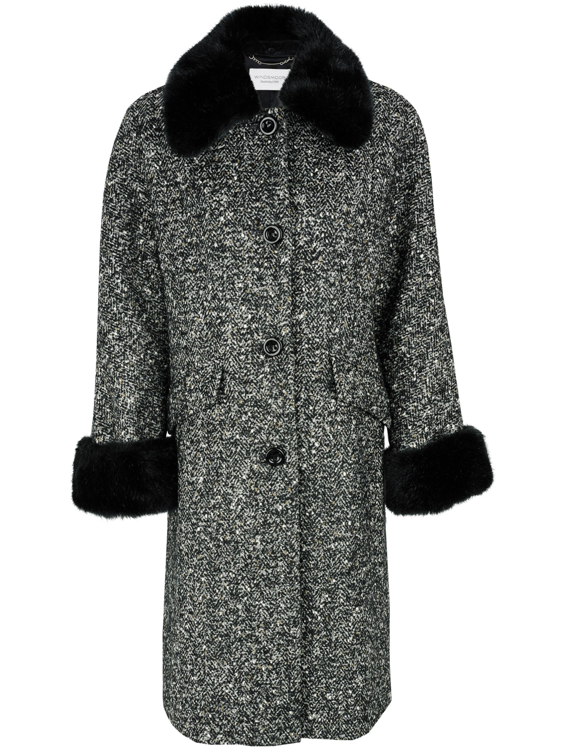 Windsmoor Luxury Tweed Fur Trim Coat, Black/white at John Lewis
