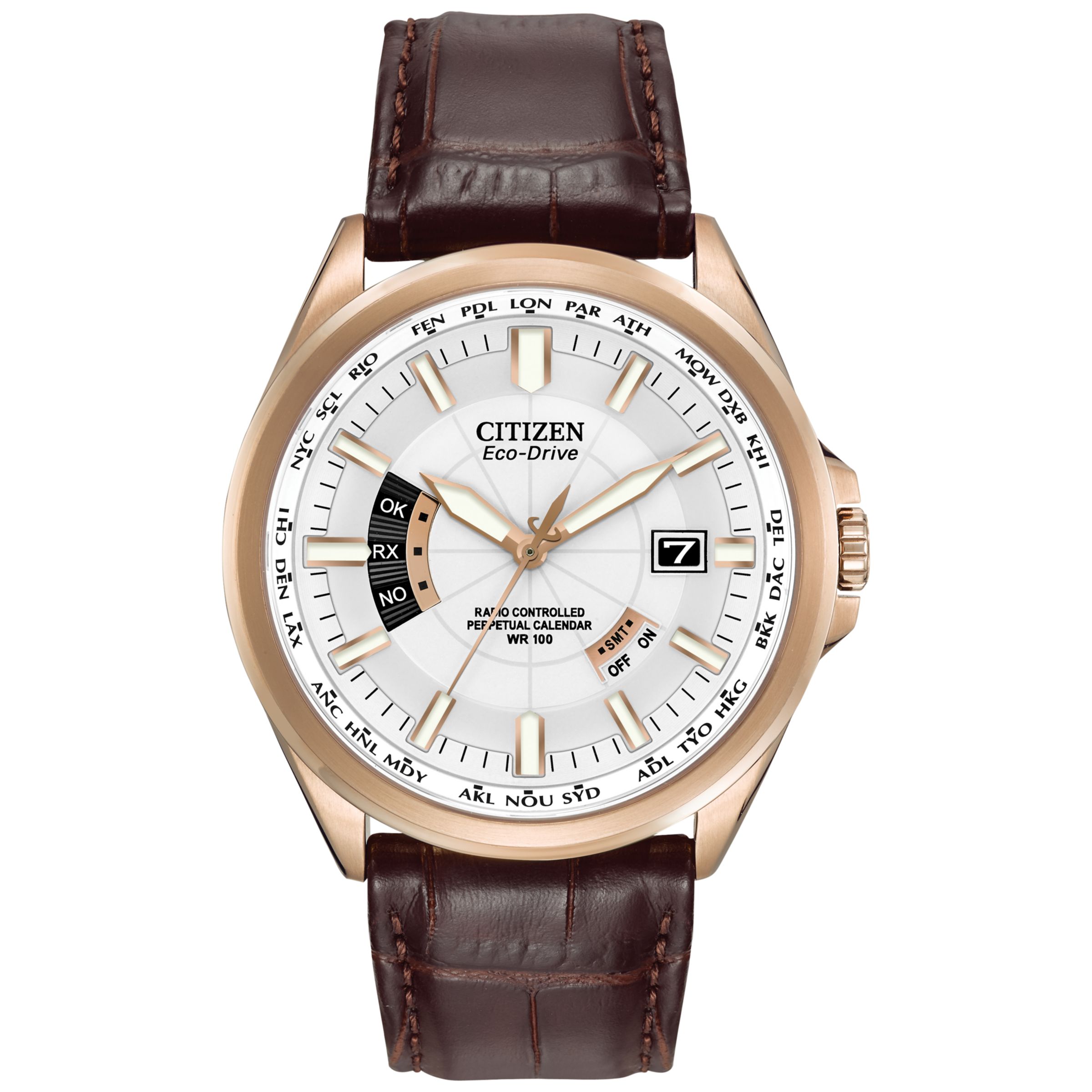 Citizen CB0013-04A Men's Rose Gold Dial Brown Leather Croc Strap Watch at John Lewis