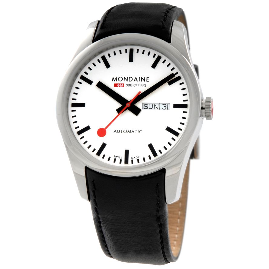 Mondaine A1353034511SBB Men's Retro Round White Dial Automatic Black Leather Strap Watch at John Lewis