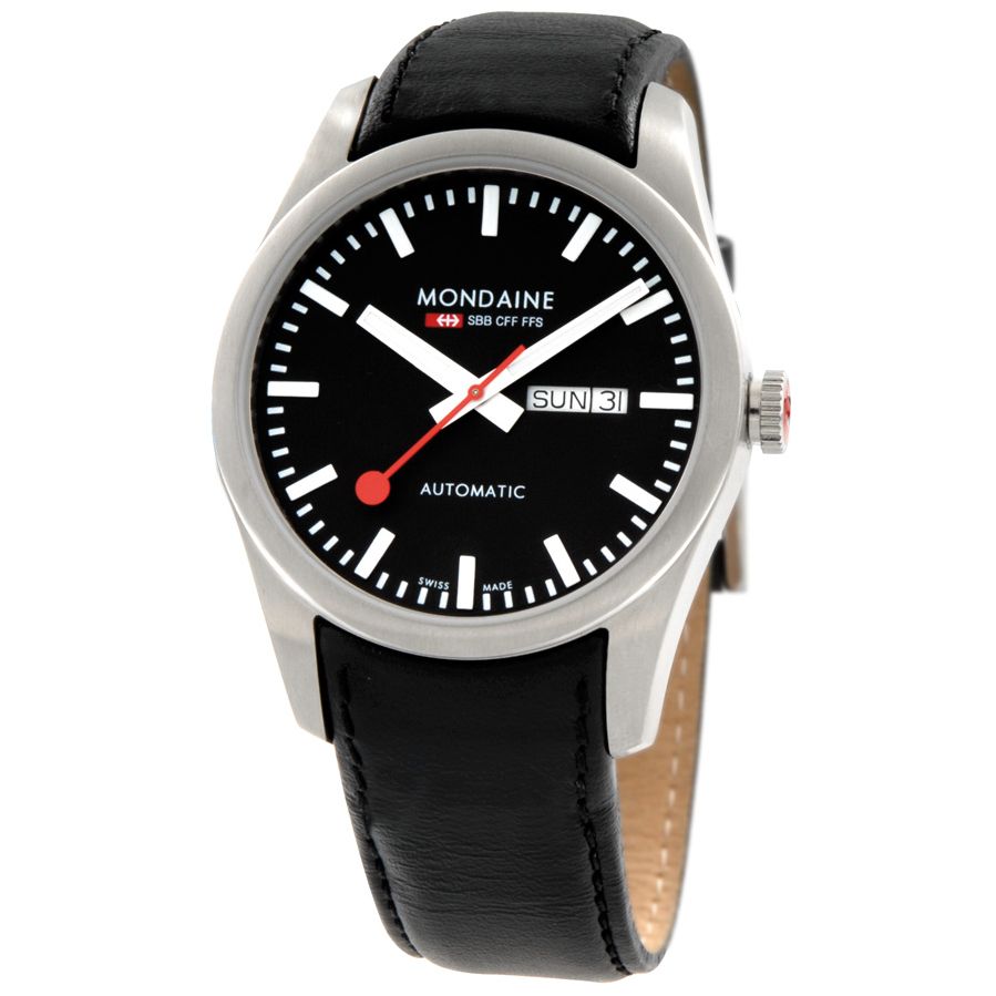 Mondaine A1353034514SBB Men's Retro Round Black Dial Automatic Black Leather Strap Watch at John Lewis