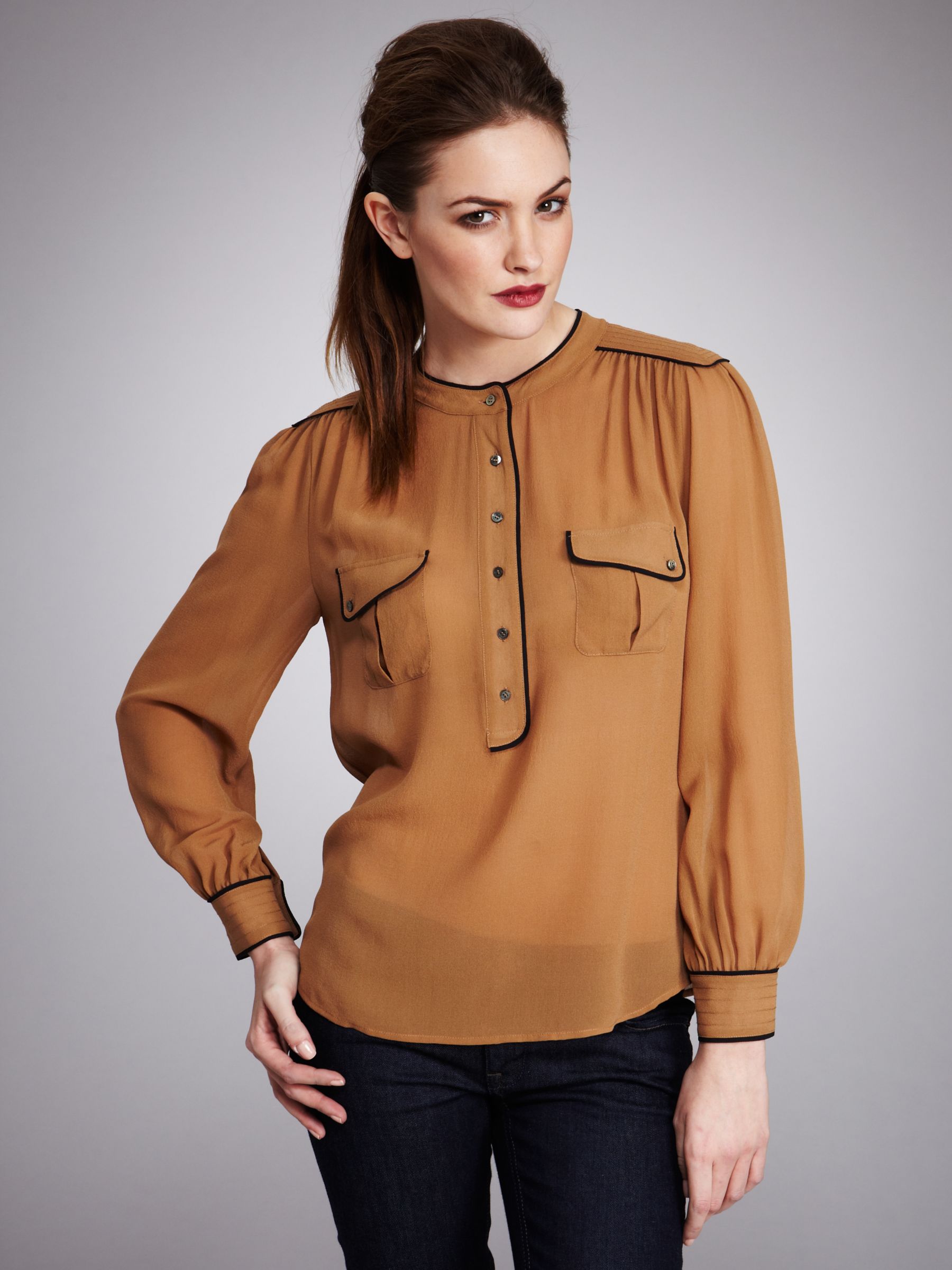 Contrast Piping Blouse, Camel