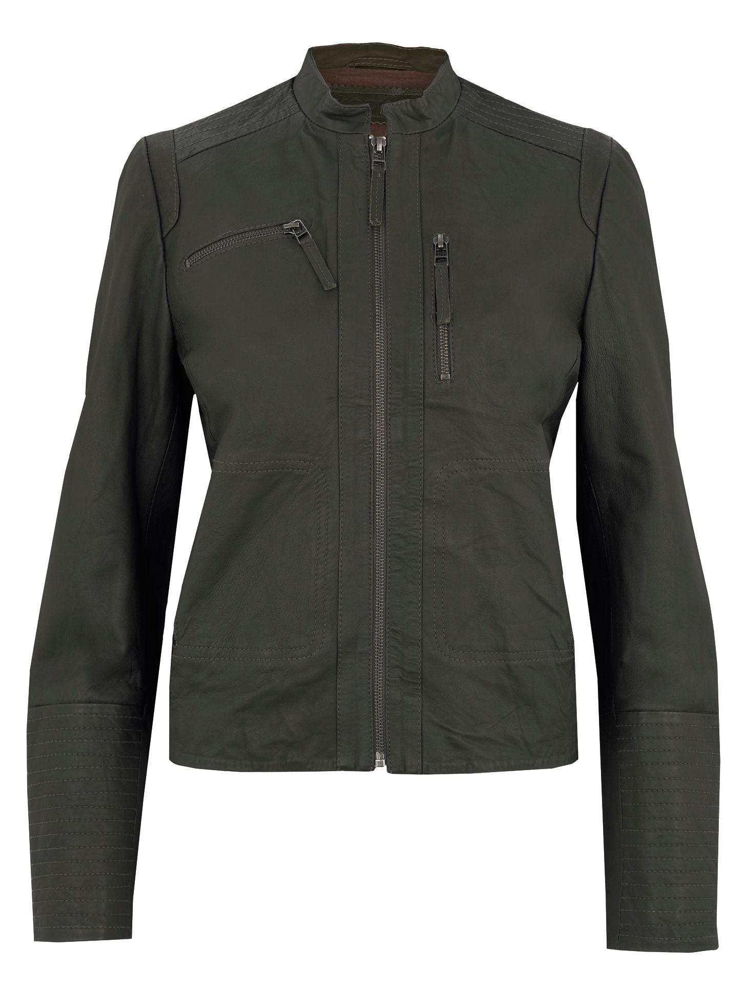 Kookai Stitch Detail Leather Jacket, Khaki at JohnLewis