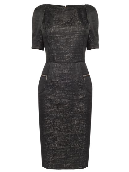 Jaeger Jacquard Zip Detail Dress, Black at John Lewis