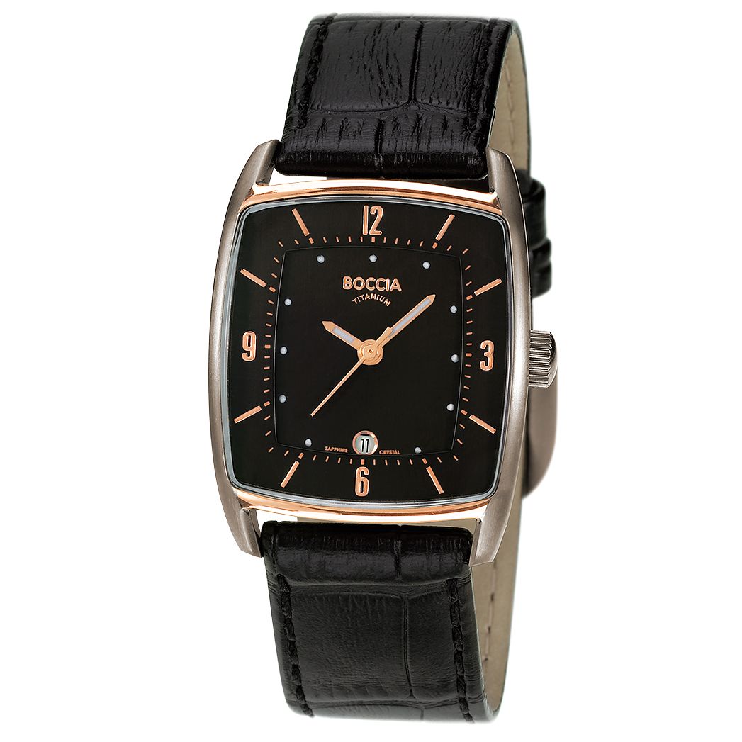 Boccia B3149-05 Square Black Rose Gold Accents Dial Black Leather Strap Watch