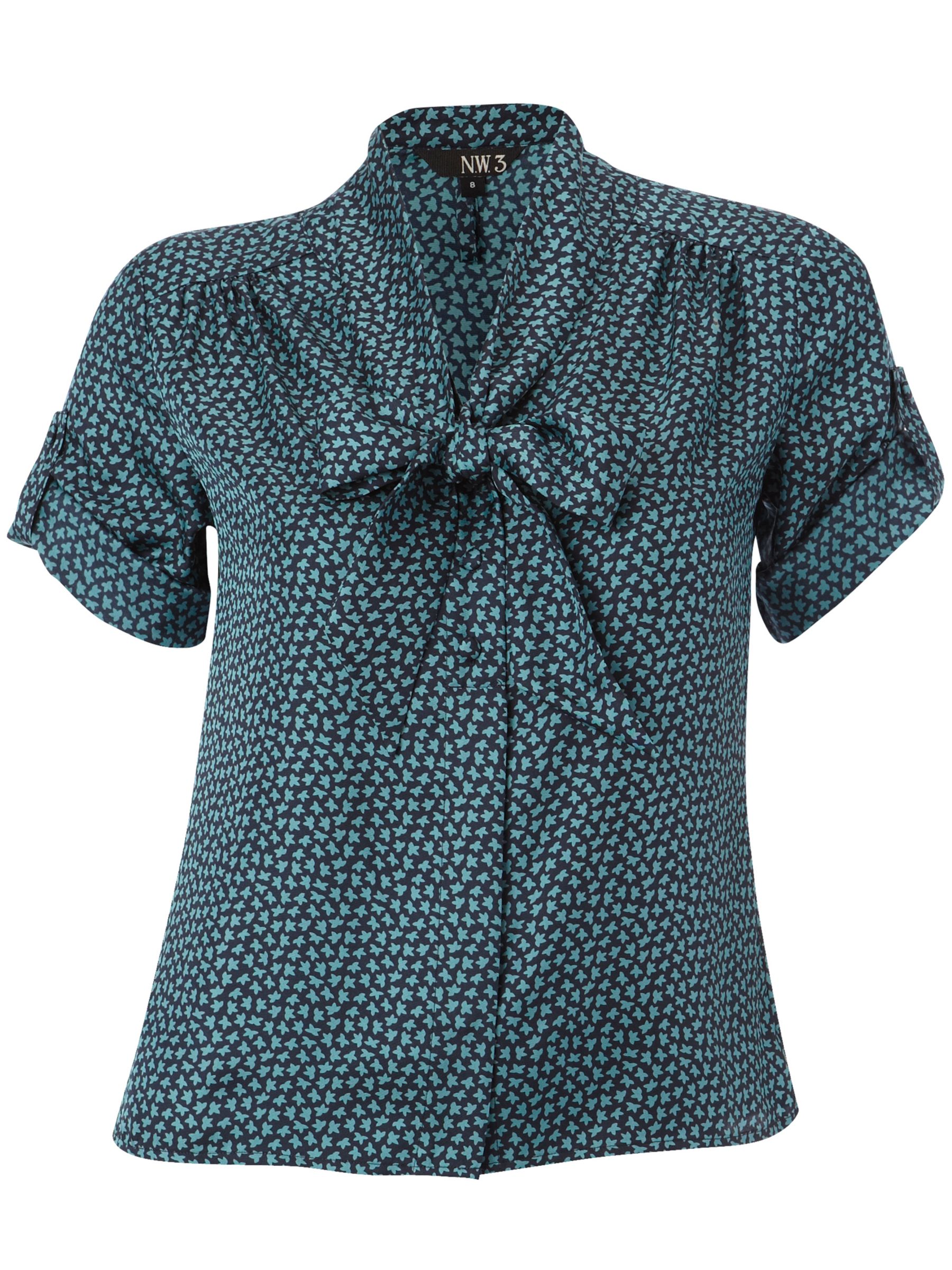 Leaf Print Blouse, Navy Aqua