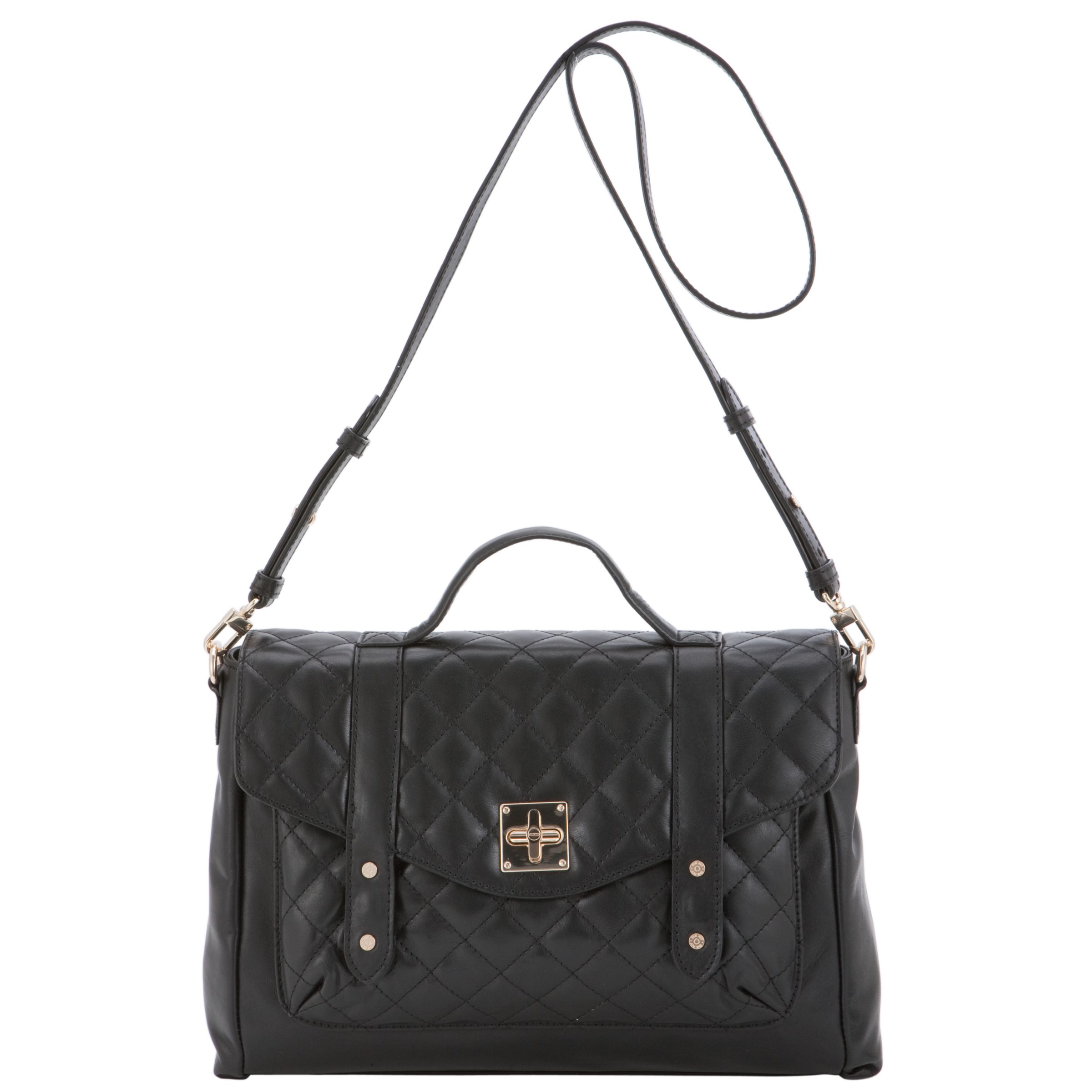 DKNY Quilted Leather Satchel with Turnlock Handbag, Black at John Lewis