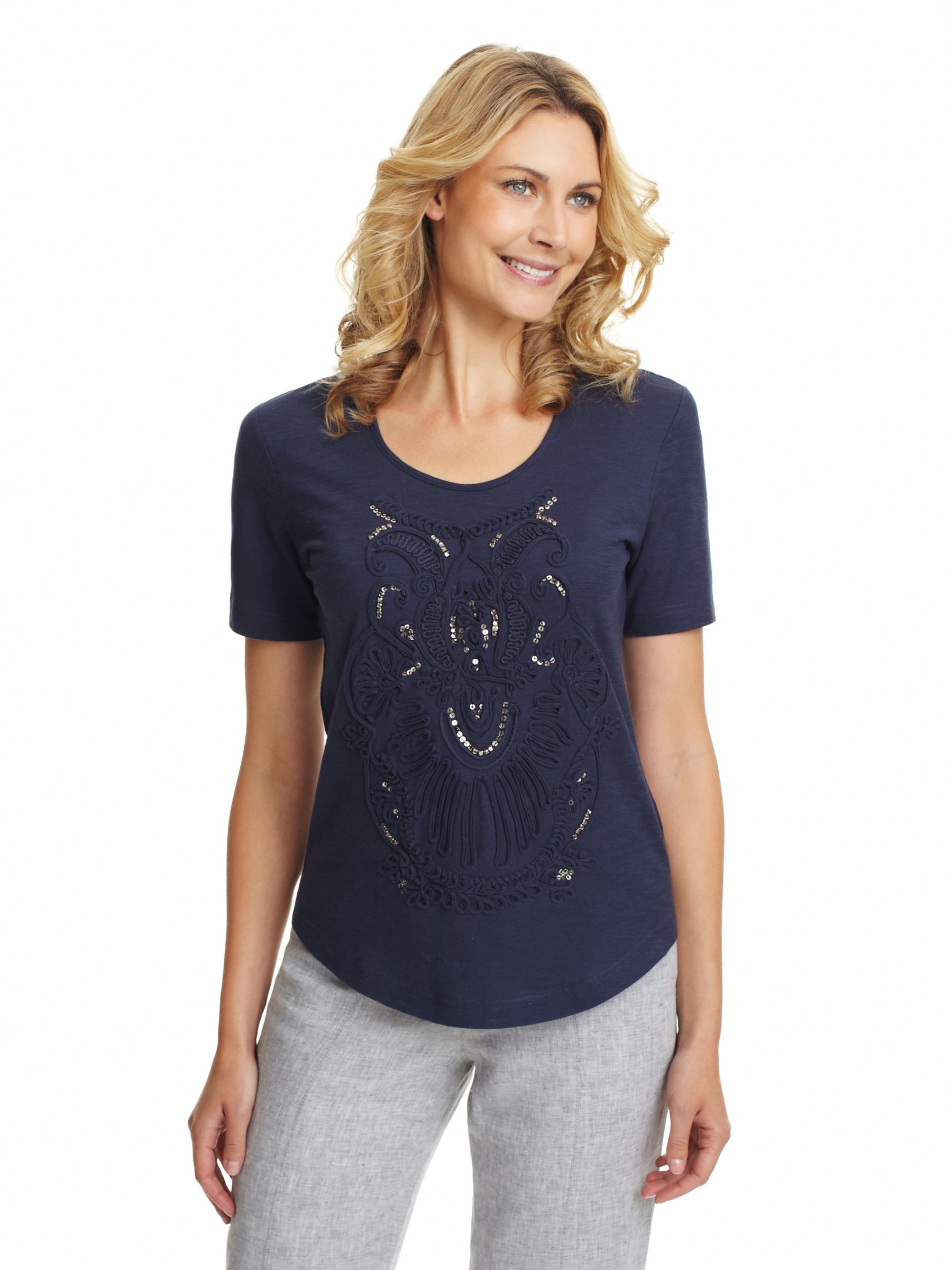 Embroidered Knit T-Shirt, Indigo