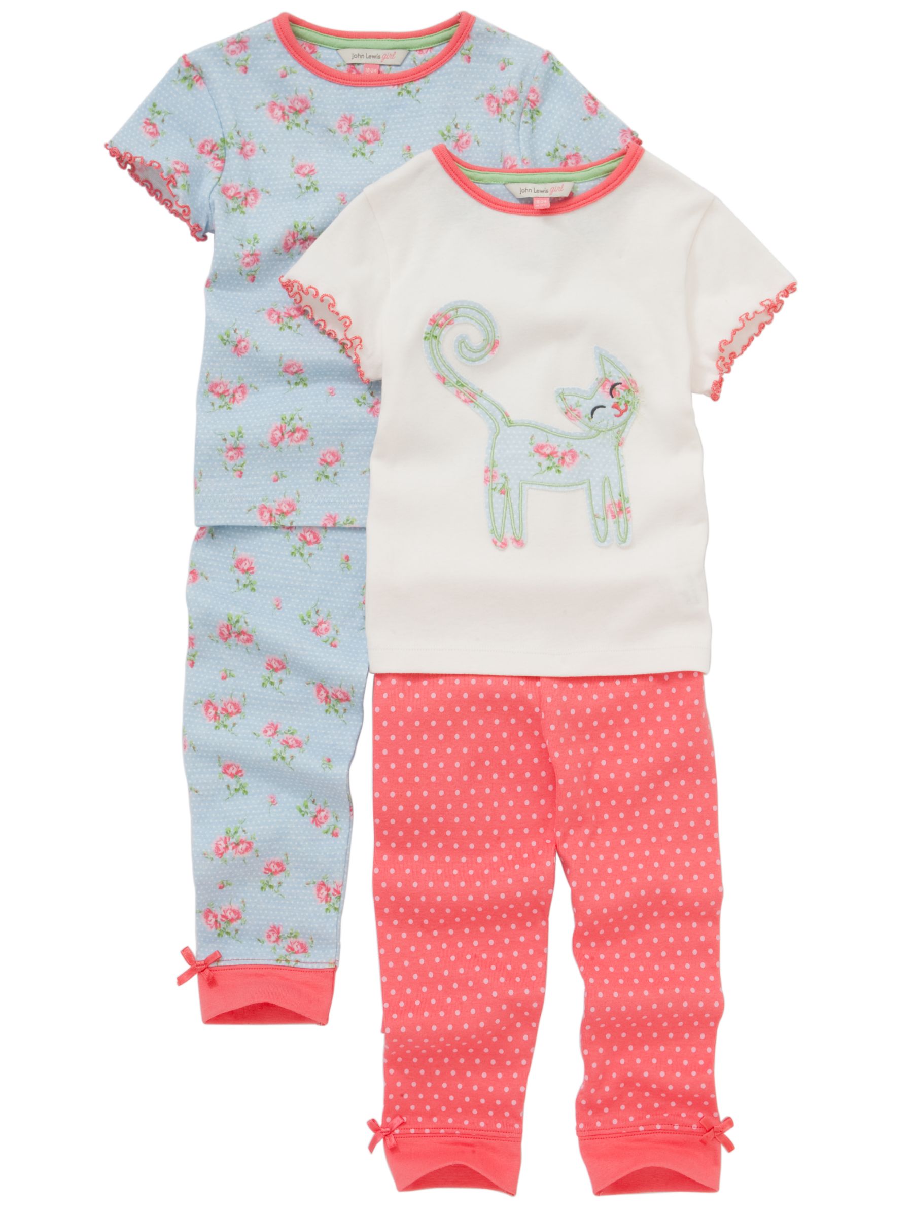 John Lewis Girl Cat Appliqu&eacute; Floral Print Pyjamas, Pack of 2, Blue/Red