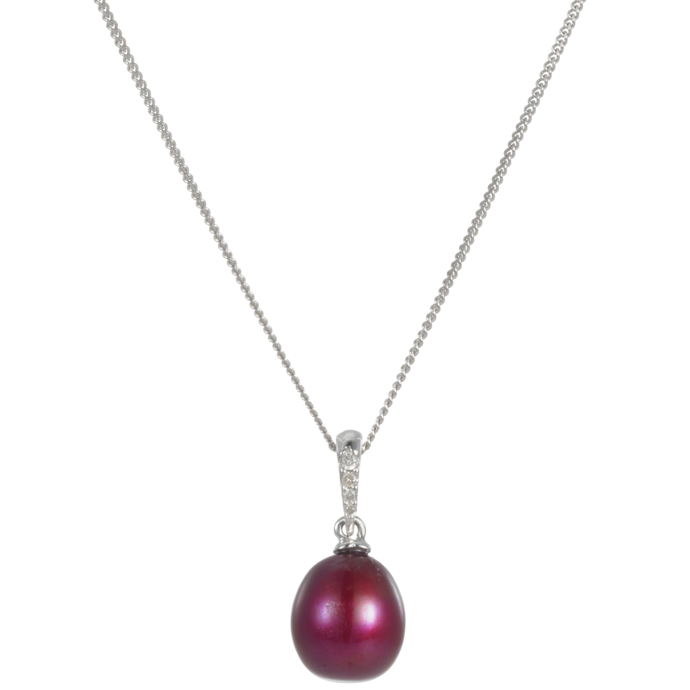 9ct White Gold Cranberry Freshwater Pearl and Diamond Pendant Necklace at John Lewis