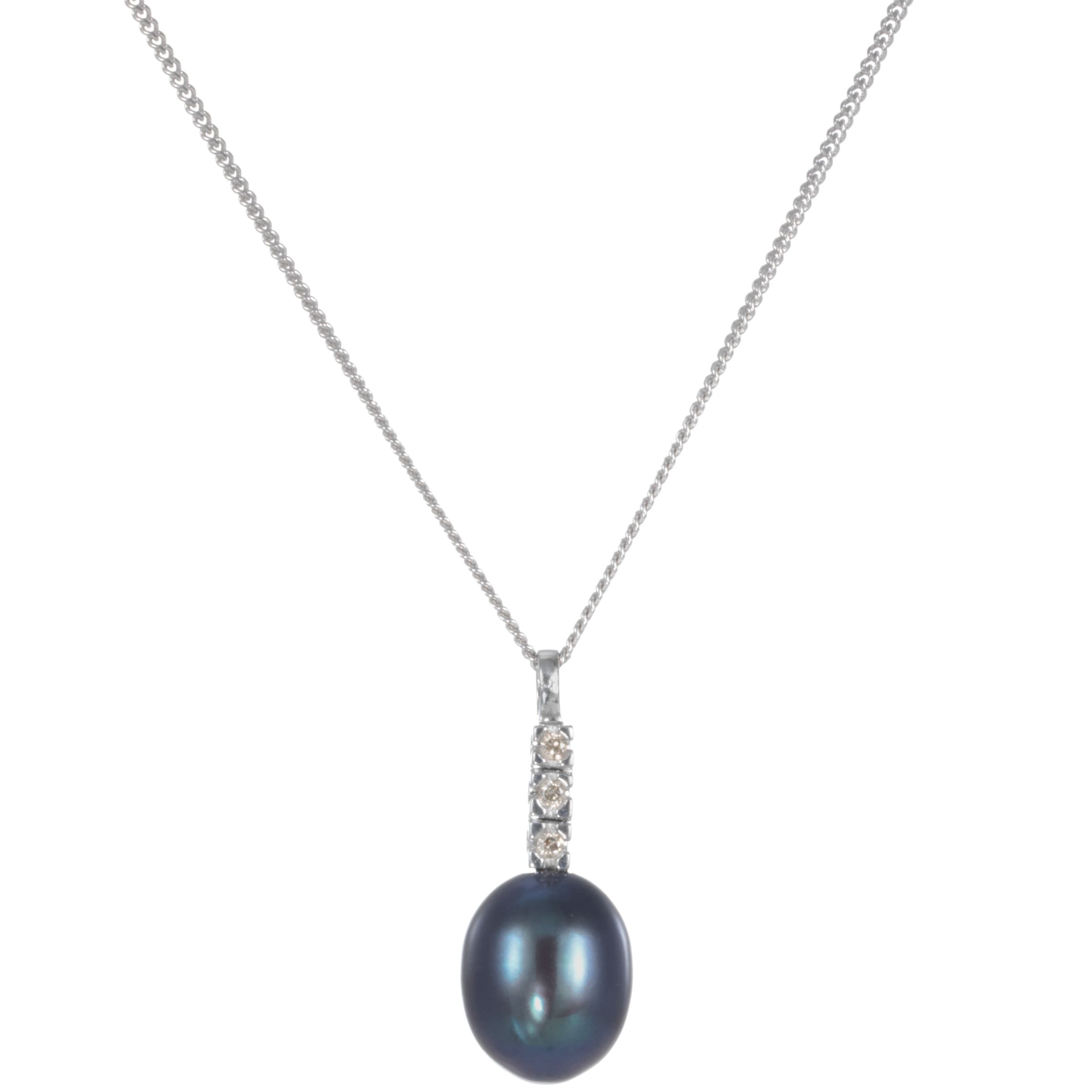 9ct White Gold Diamond and Black Freshwater Pearl Pendant Necklace at JohnLewis