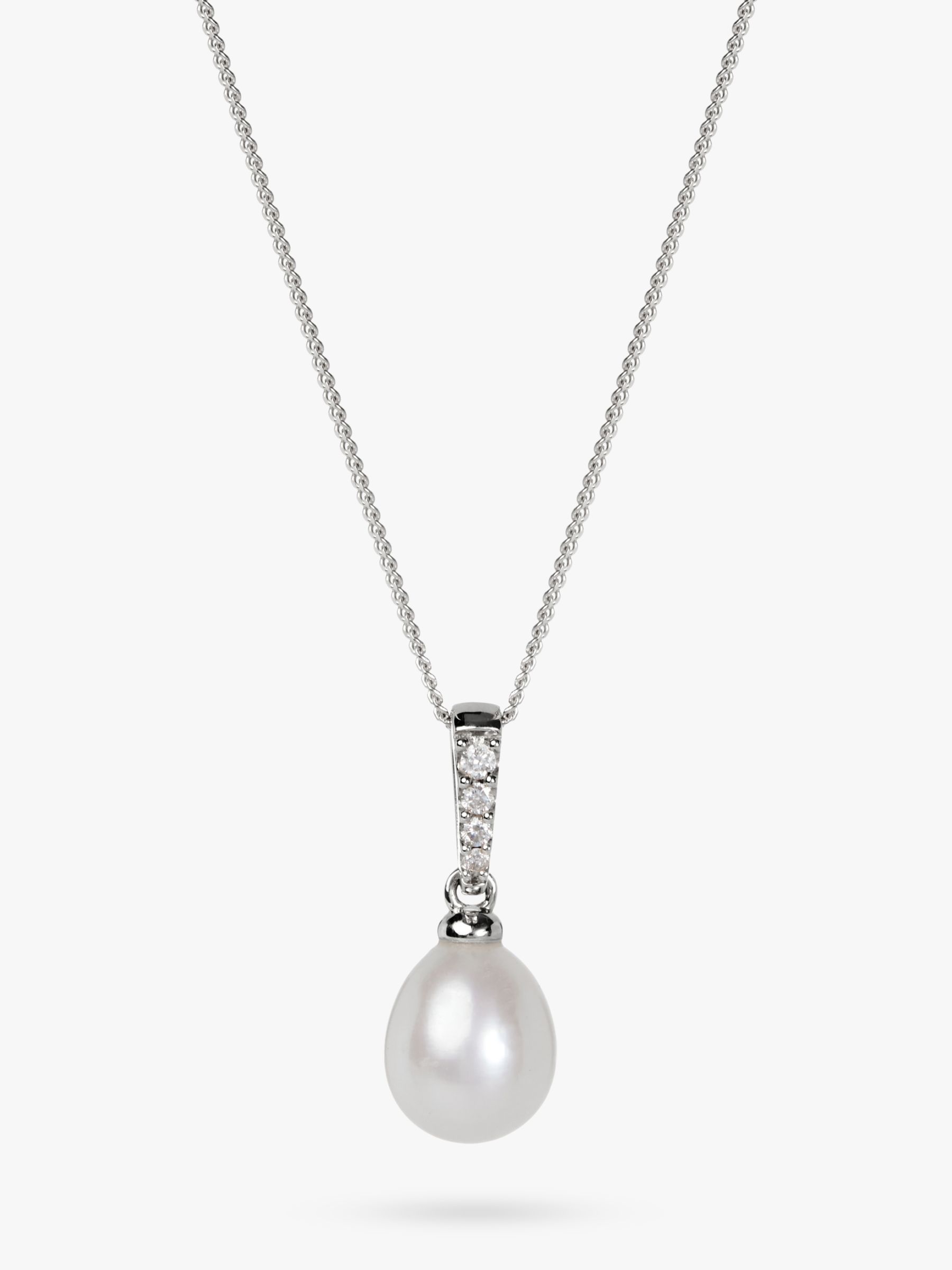 9ct White Gold Freshwater Pearl and Diamond Pendant Necklace at John Lewis