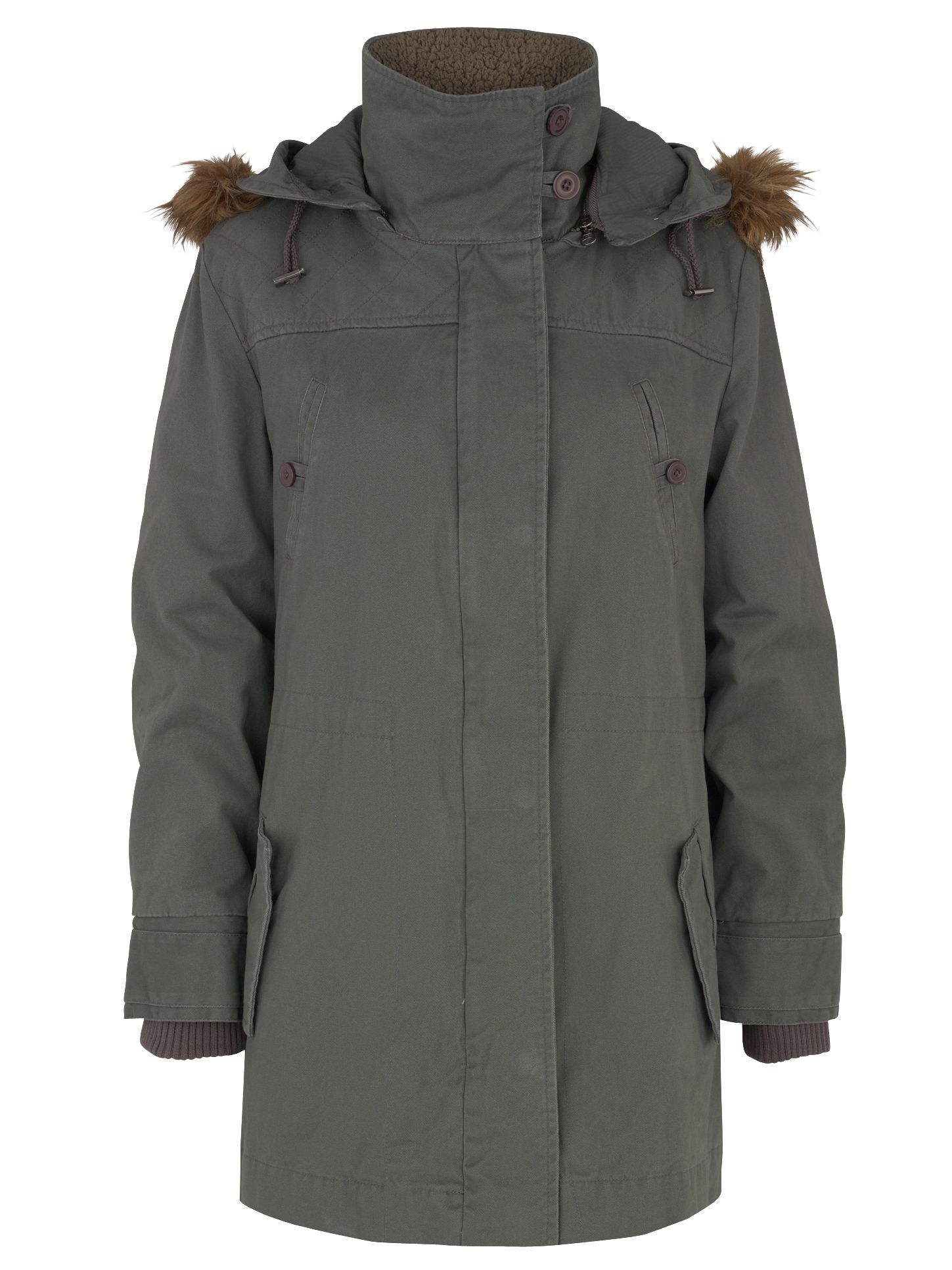 Kookai Faux Fur Trim Parka, Dark Khaki at John Lewis