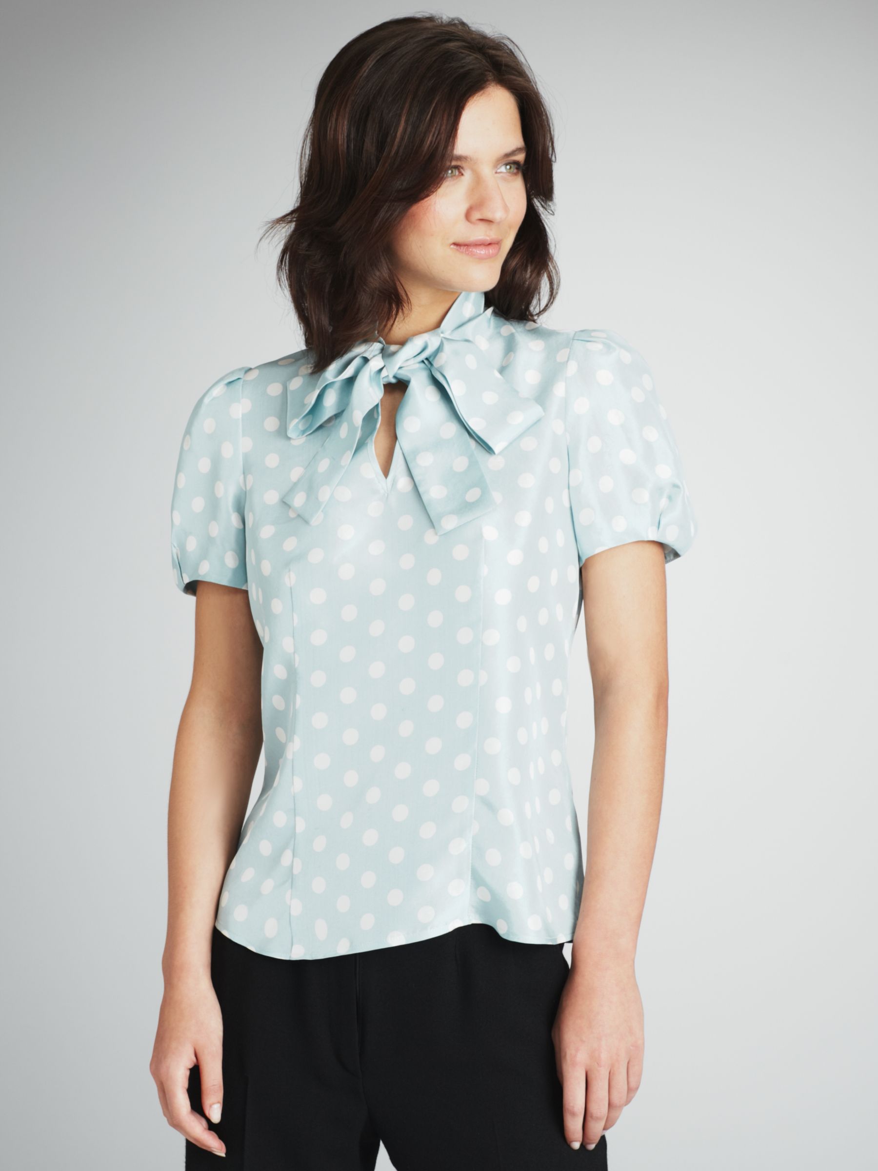 Polka Dot Tie Silk Blouse, Mint