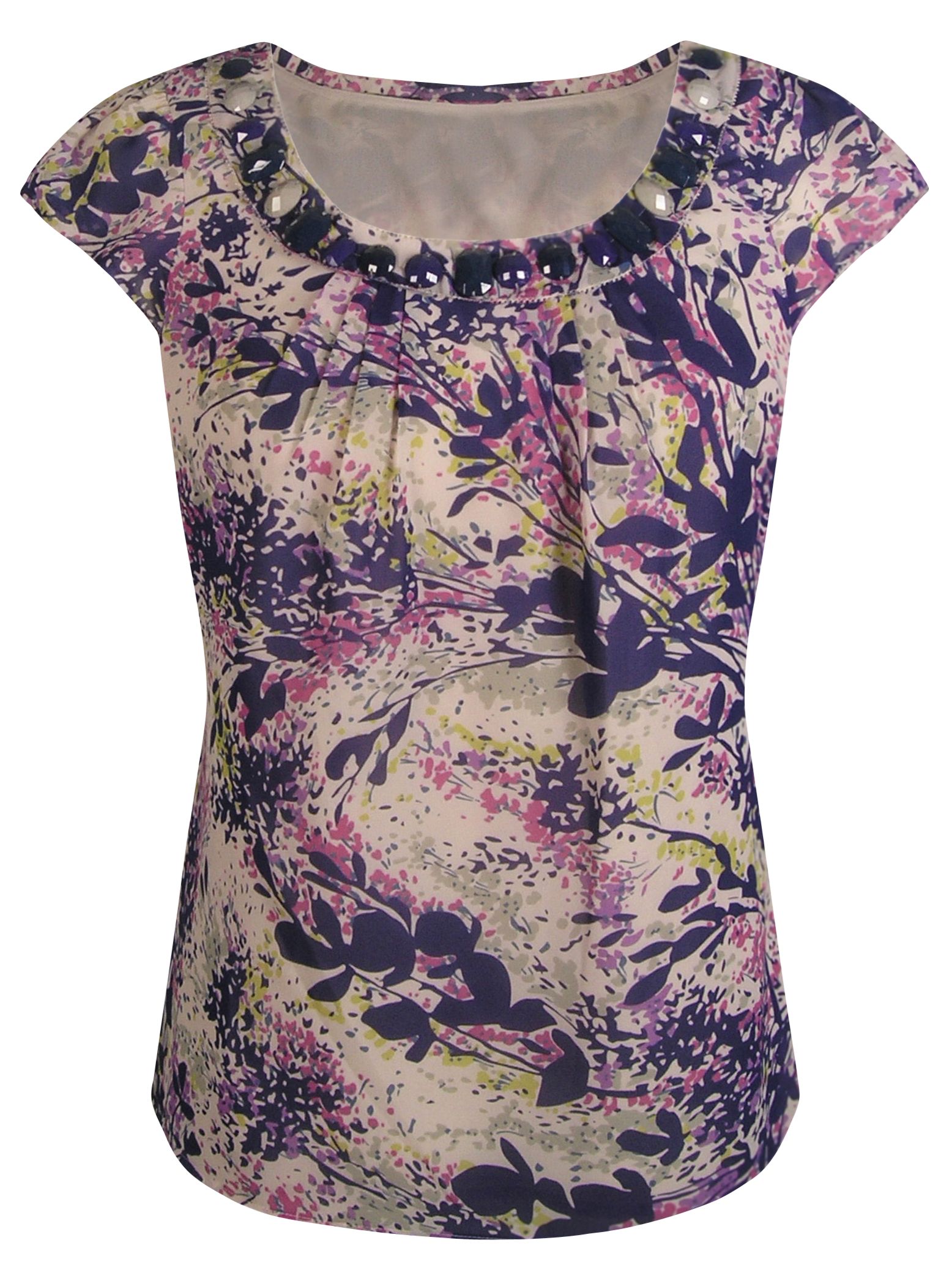 Blossom Print Beaded Neck Blouse, Purple