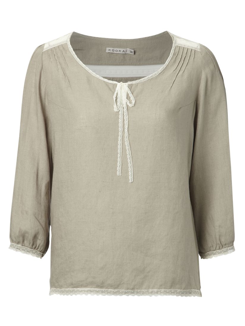 Kookai Rustic Linen Blouse with Lace Trim,