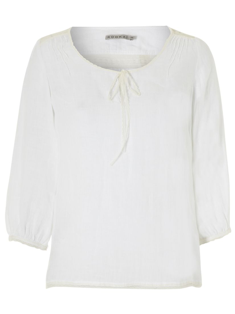 Rustic Linen Blouse with Lace Trim, White