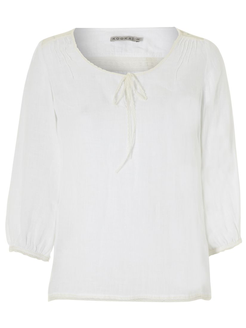 Rustic Linen Blouse with Lace Trim, White