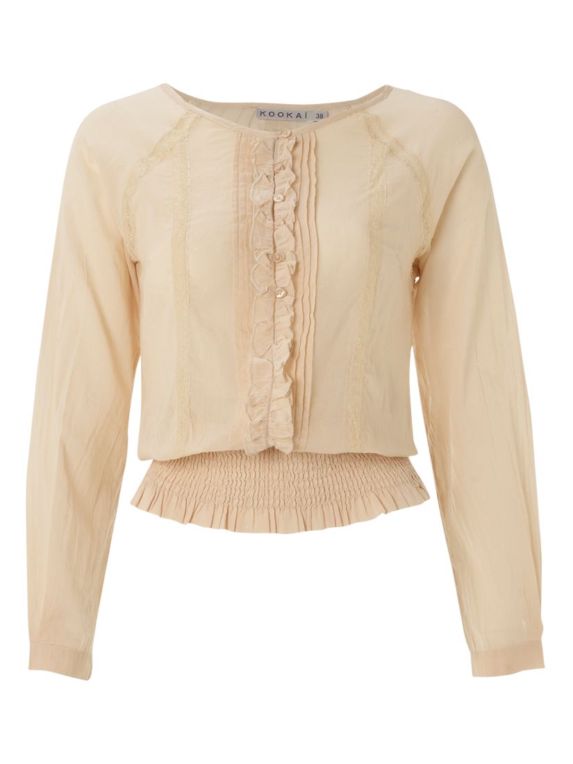 Ruffle Trim Shirred Hem Blouse, Natural