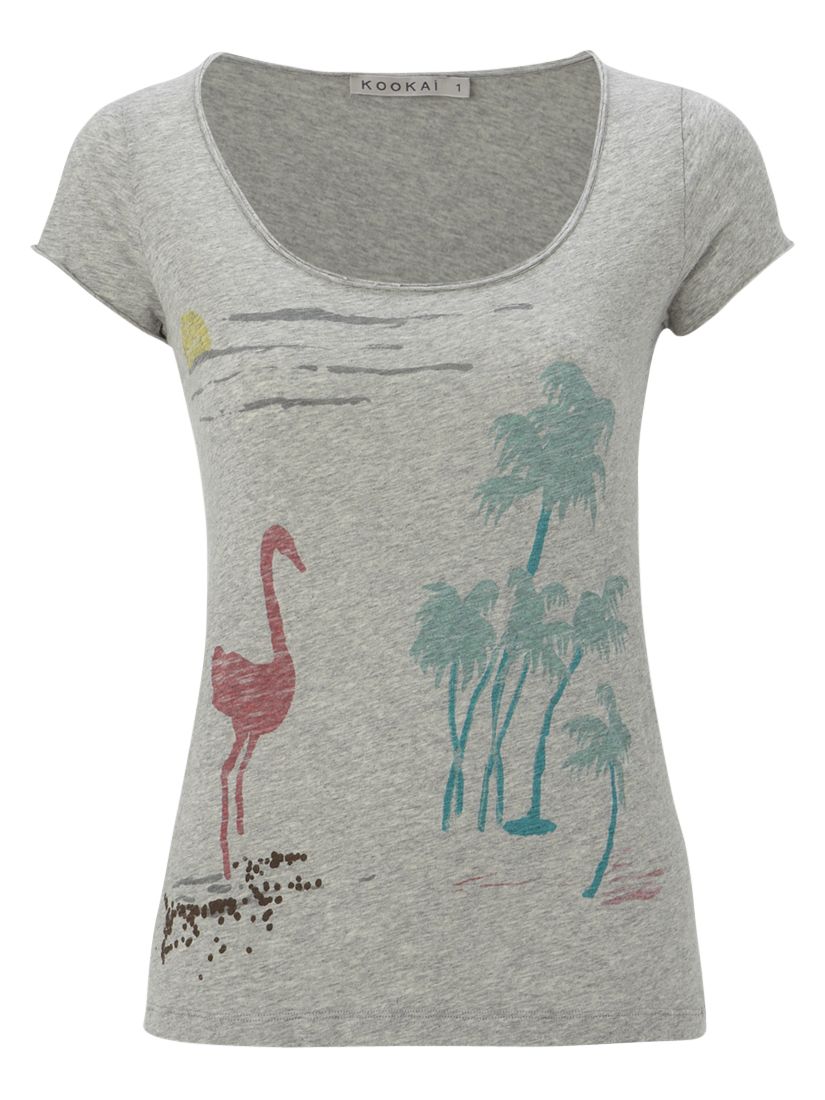 Flamingo Print Slub Cotton T-Shirt, Grey