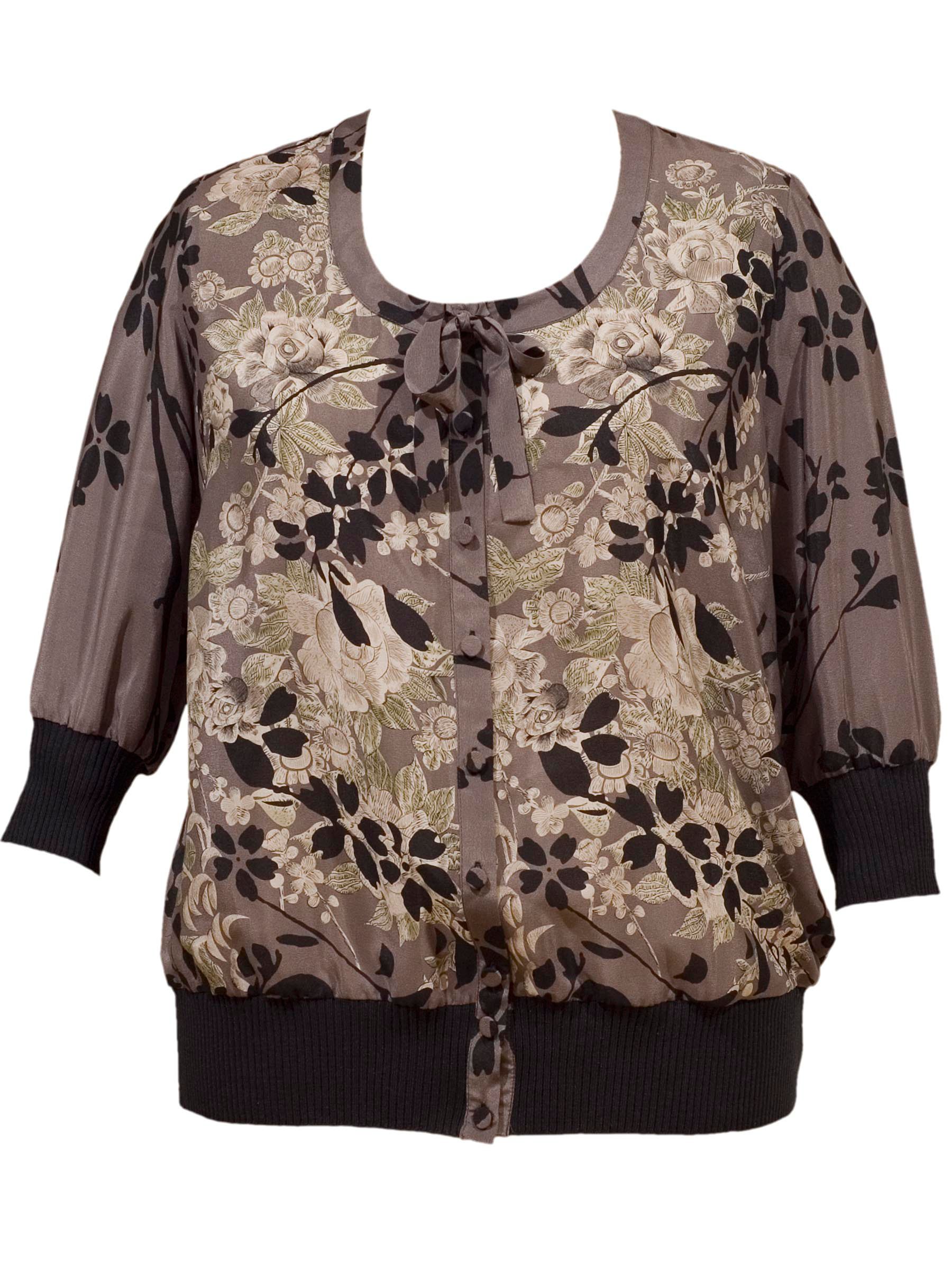 Ribbed Trim Floral Print Silk Blouse,