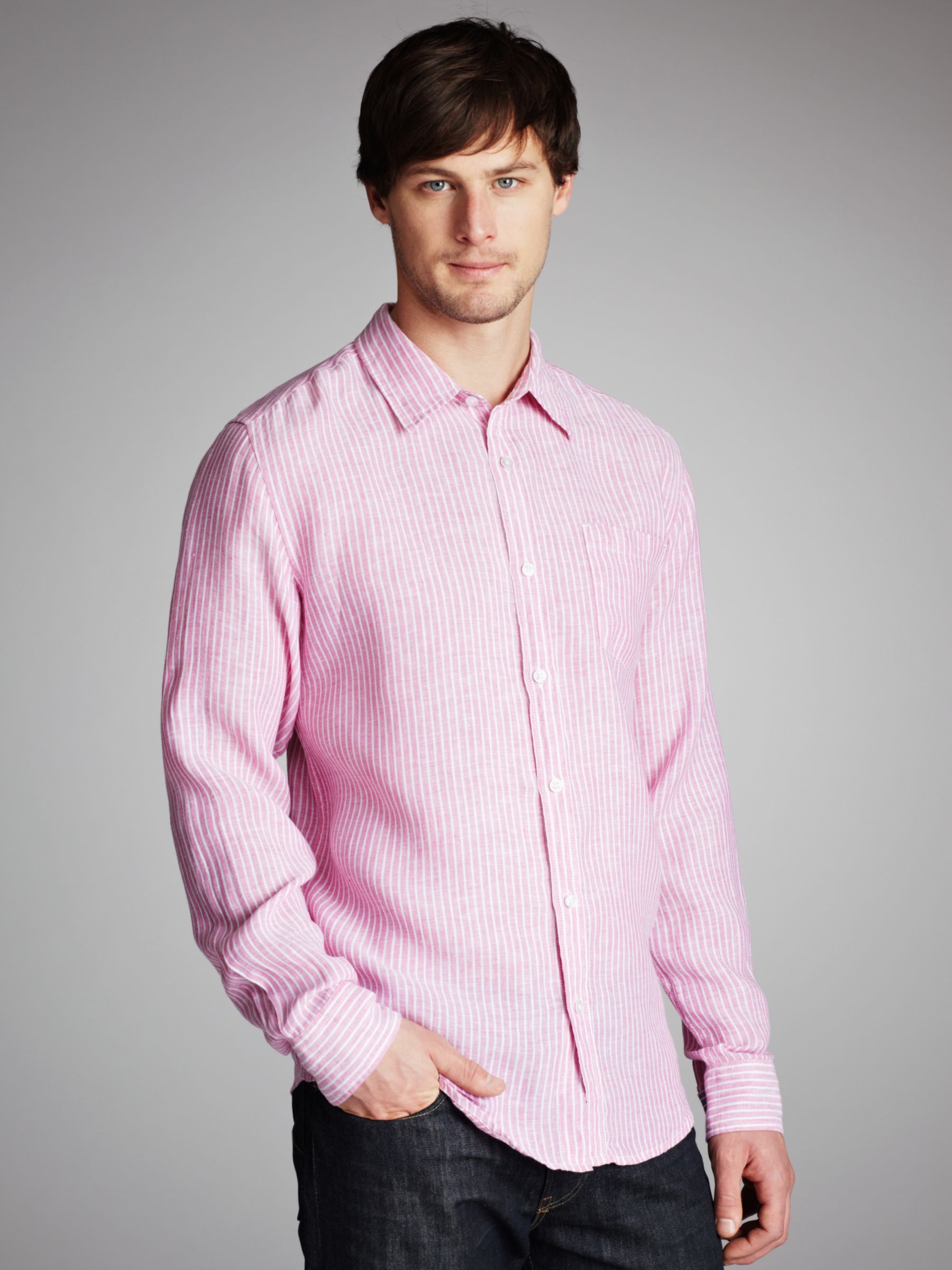 John Lewis Men Linen Stripe Long Sleeve Shirt, Pink