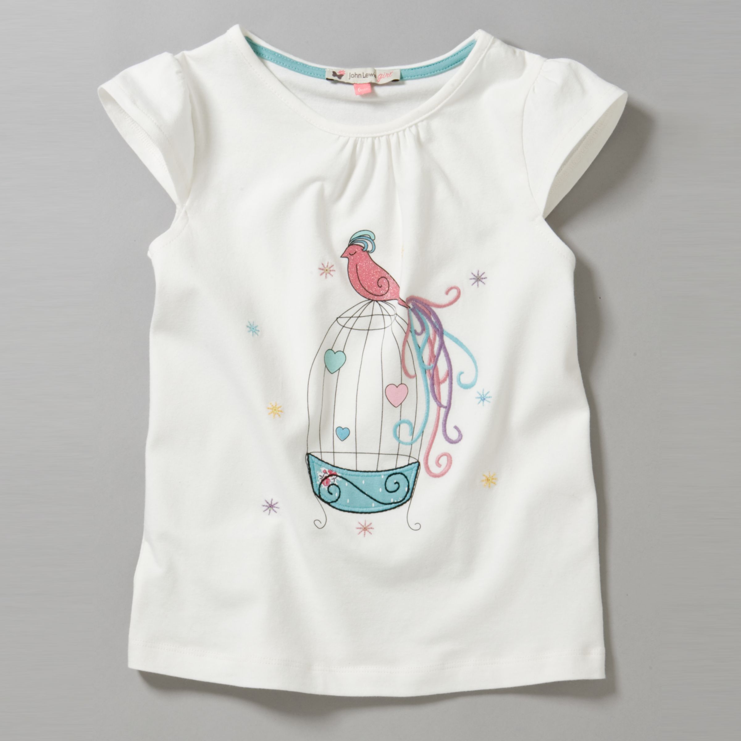 John Lewis Girl Bird Cage T-Shirt, Gardenia