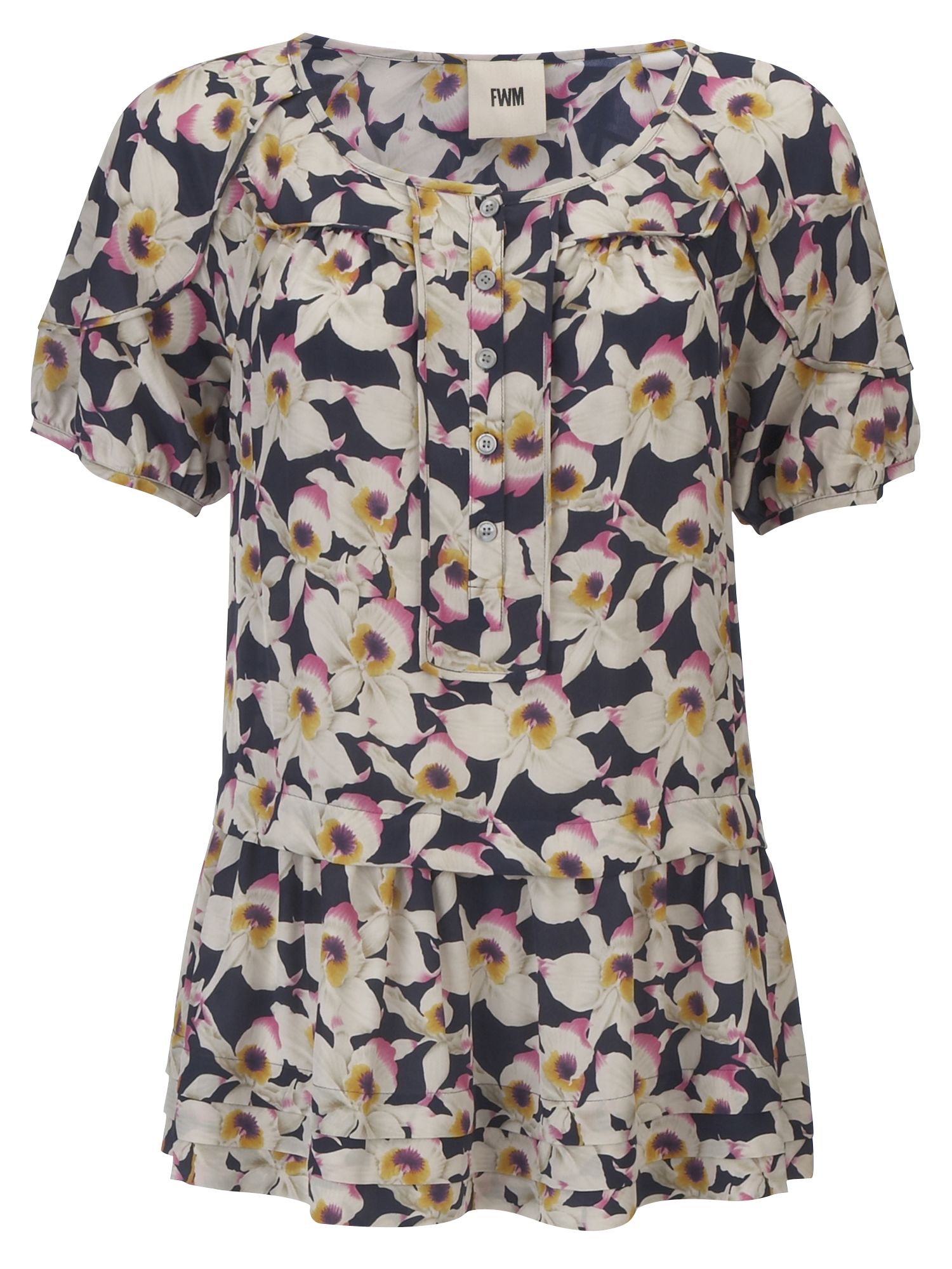 FWM Orchid Print Frill Blouse, Navy combo
