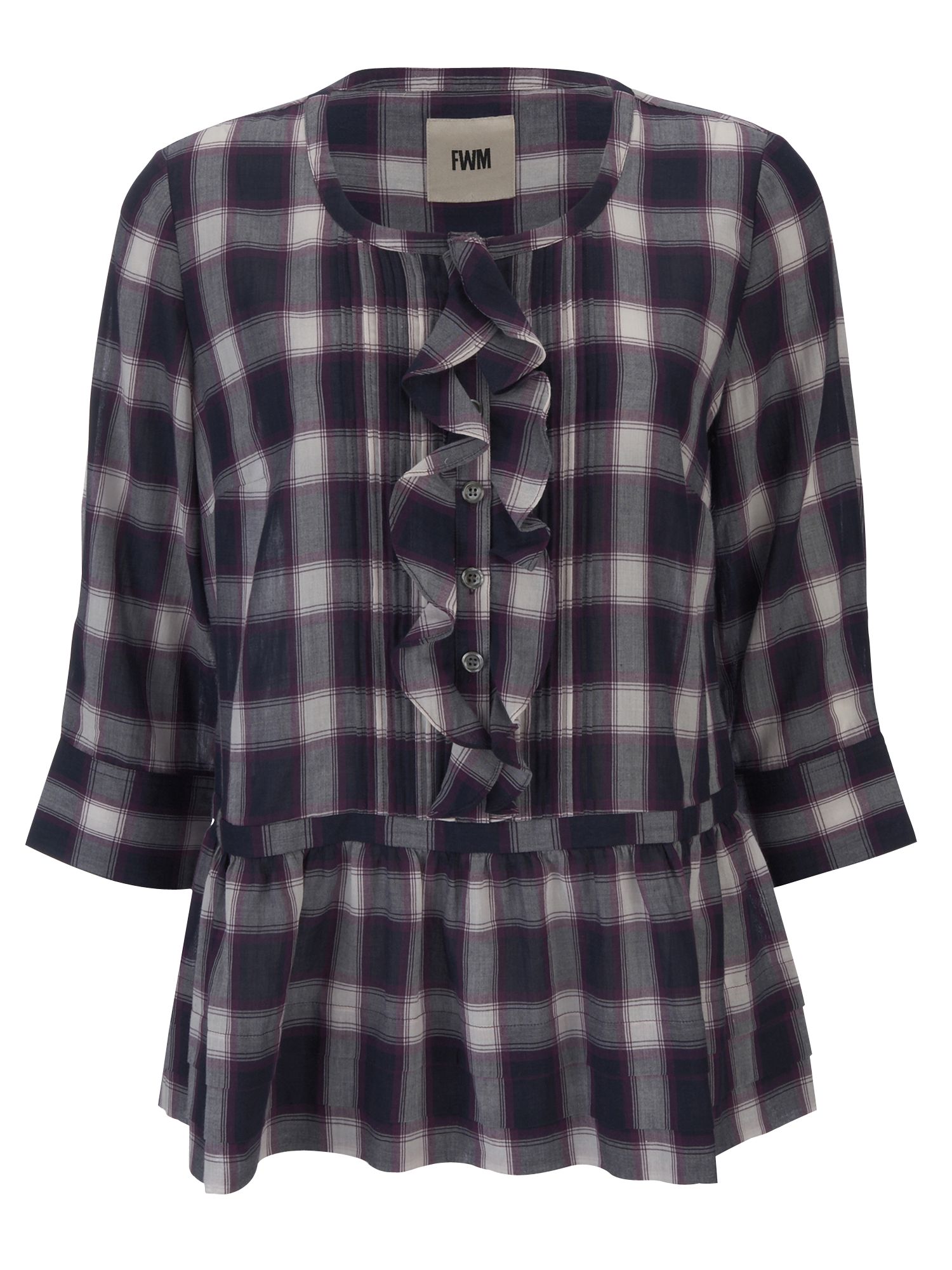 FWM Checked Print Frill Hem Blouse, Dark Denim