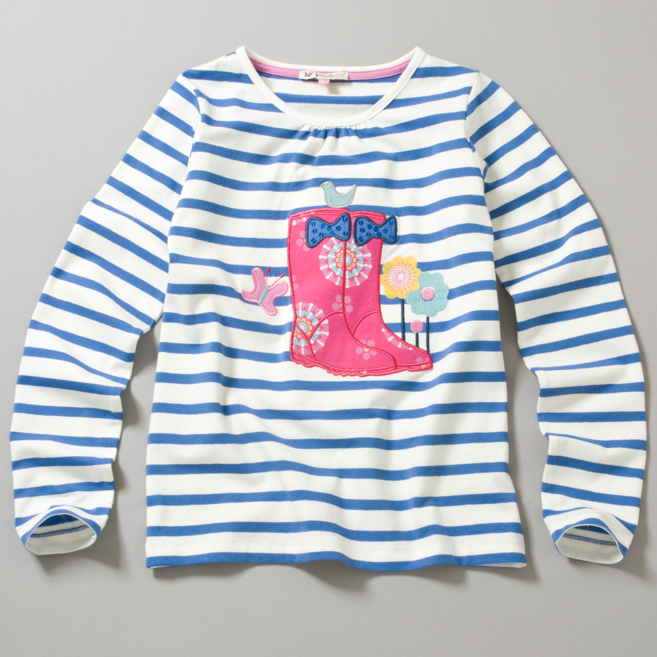 John Lewis Girl Wellies T-Shirt, Cream/Blue Stripe